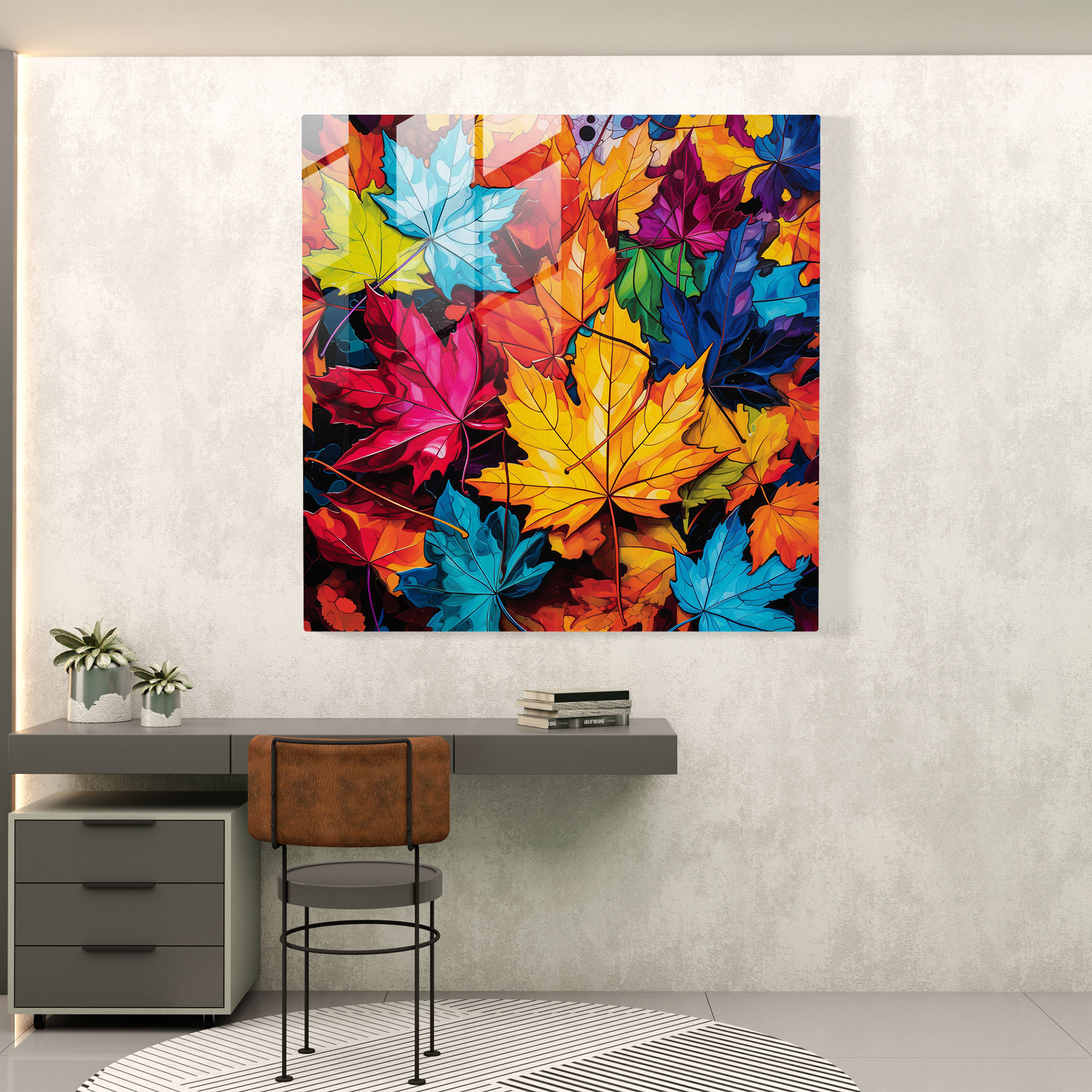 Pop Autumn Leaves Glass Print - Autumn, Pop Art Inspired, Vibrant Collage, Home Decoration