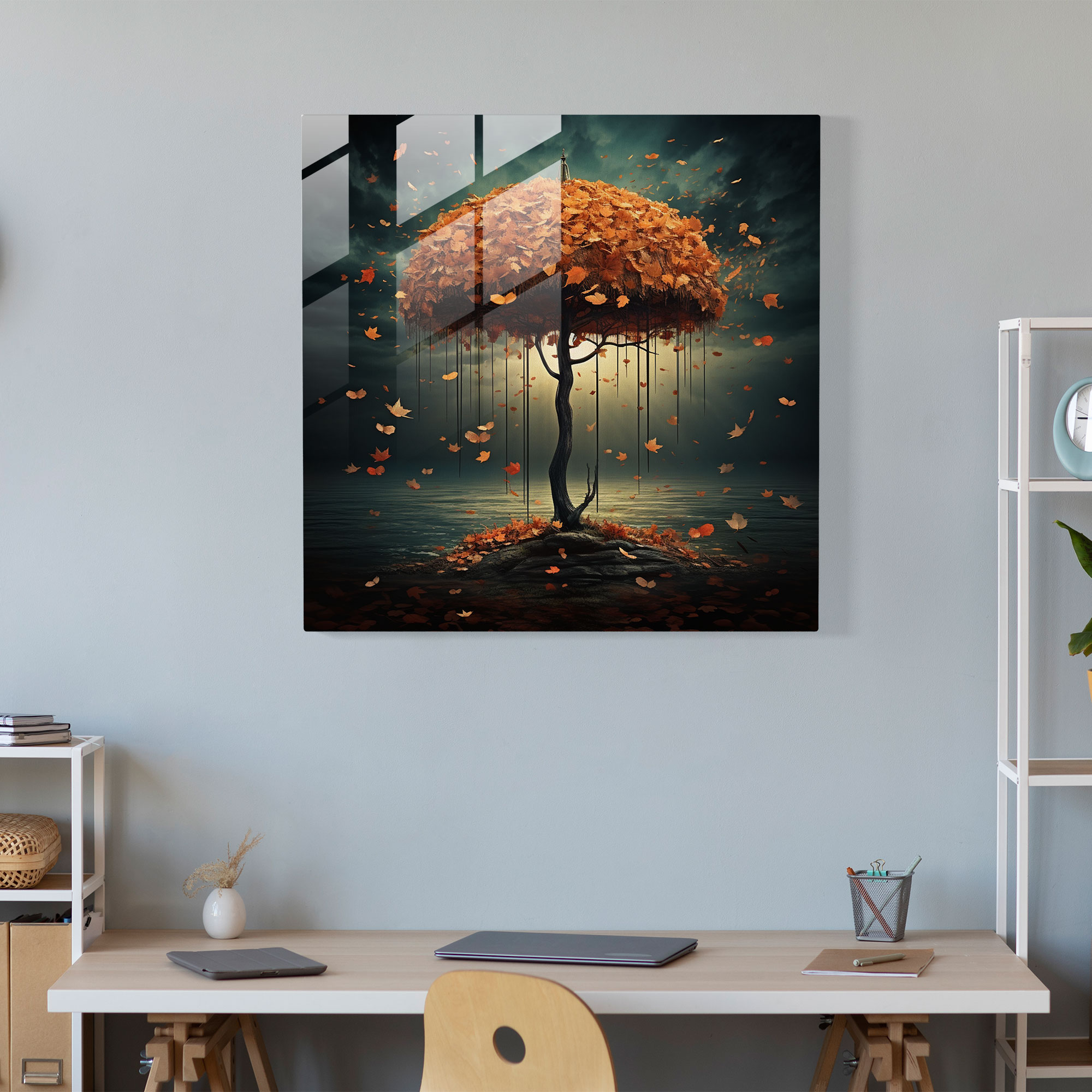 Süzülen Şemsiye Cam Tablo - Sonbahar Modern Sanat