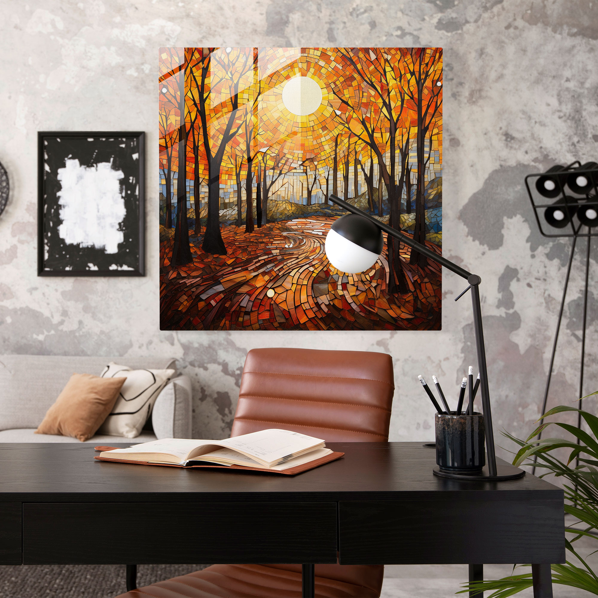 Sonbahar Mozaik Cam Tablo - Sonbahar Cam Sanat Eseri Turuncu Cam Sanat