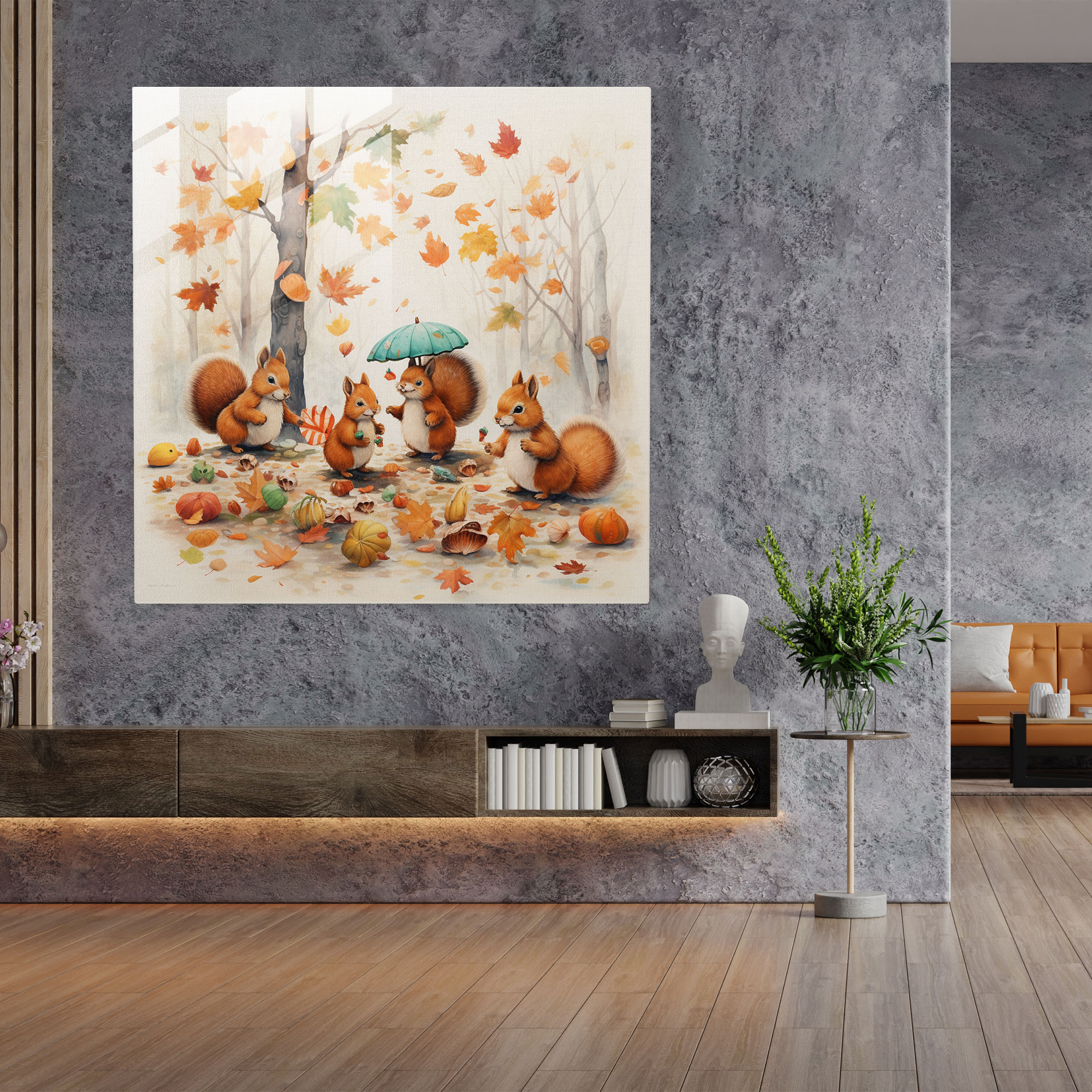 Playful Squirrels Glass Print - Autumn, Playful Squirrels, Acorns, Autumn