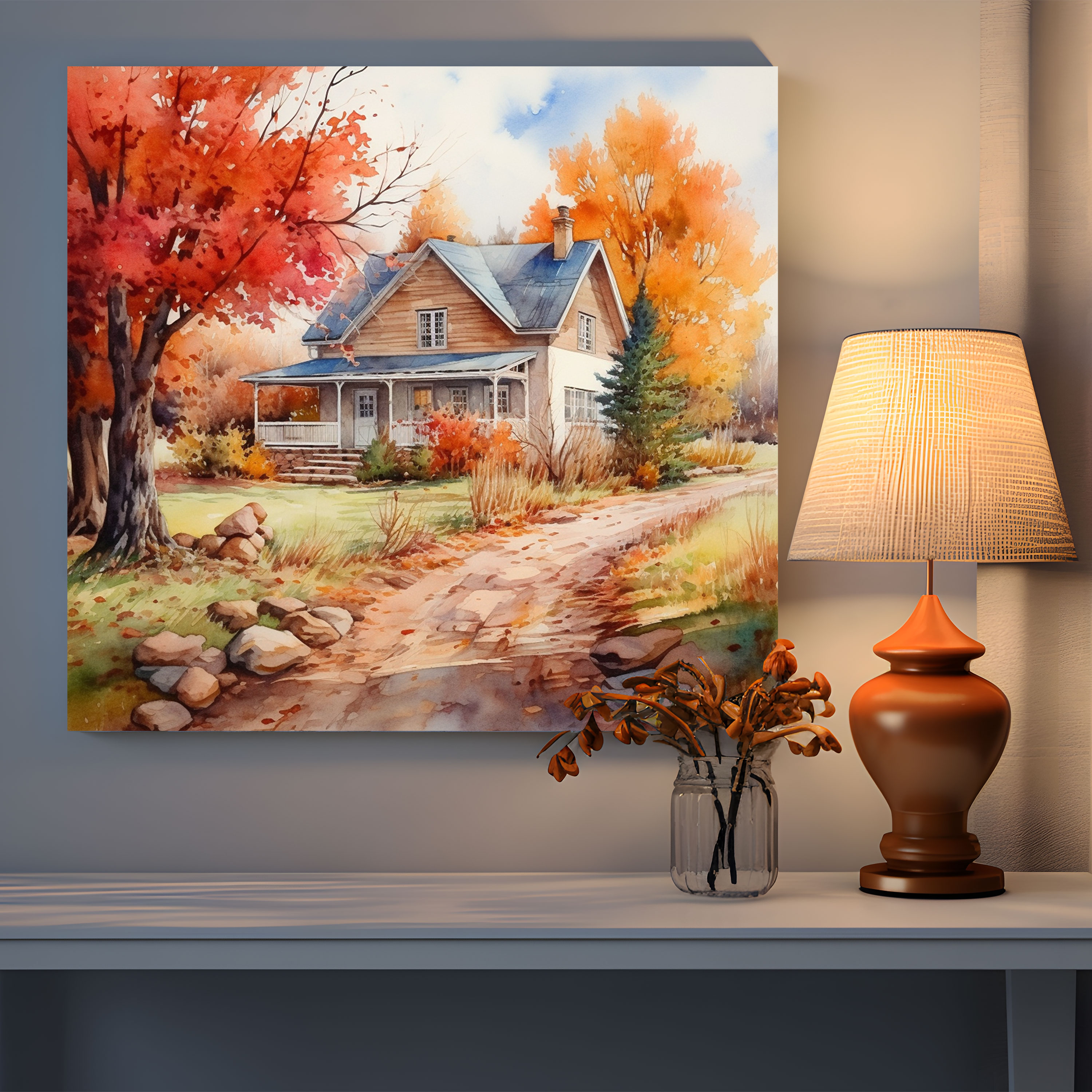 Sonbahar Manzara Tablosu - Sıcacık Country Cottage Duvar Sanatı - Sonbahar Duvar Sanatı Duvar Dekorasyonu Suluboya Resim