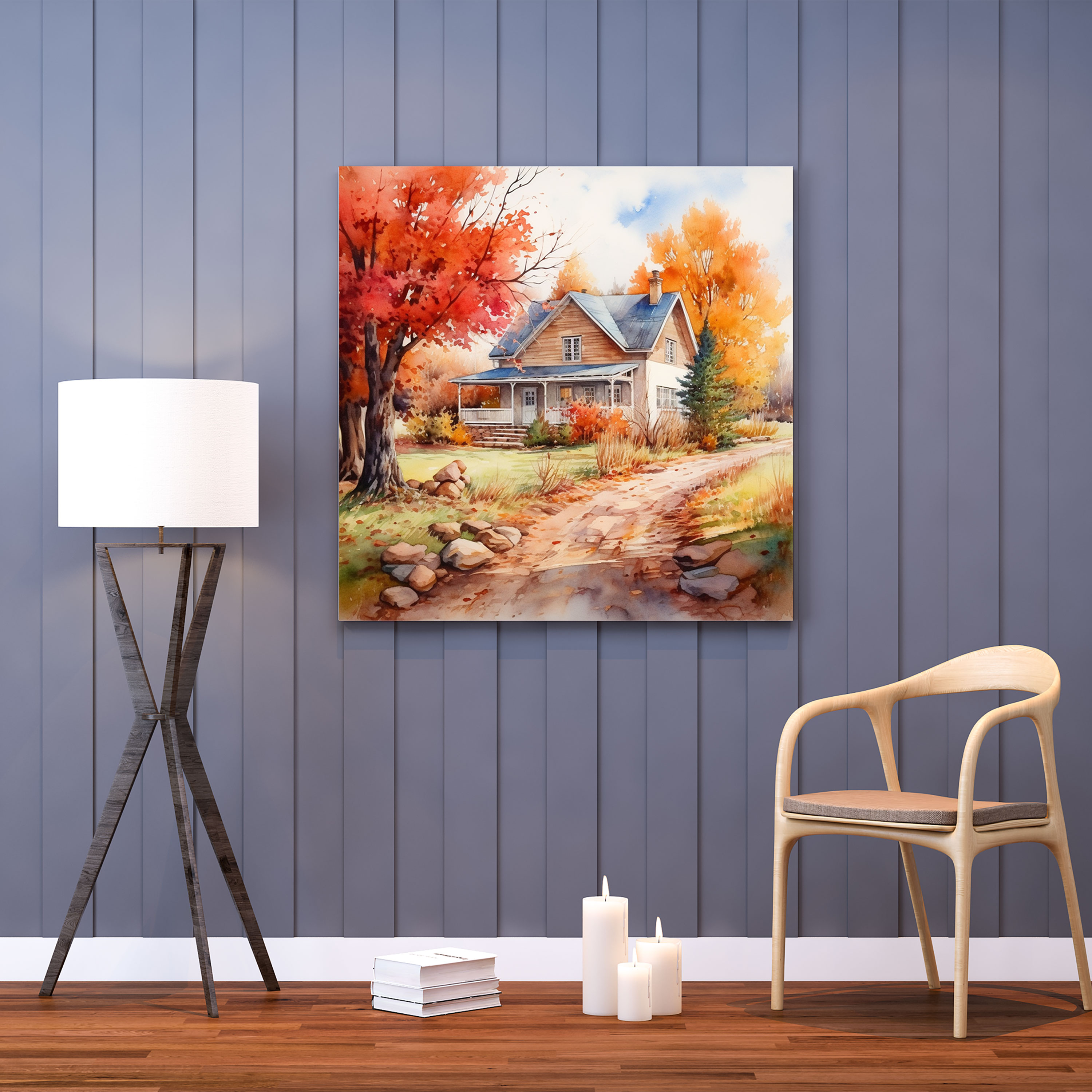 Sonbahar Manzara Tablosu - Sıcacık Country Cottage Duvar Sanatı - Sonbahar Duvar Sanatı Duvar Dekorasyonu Suluboya Resim