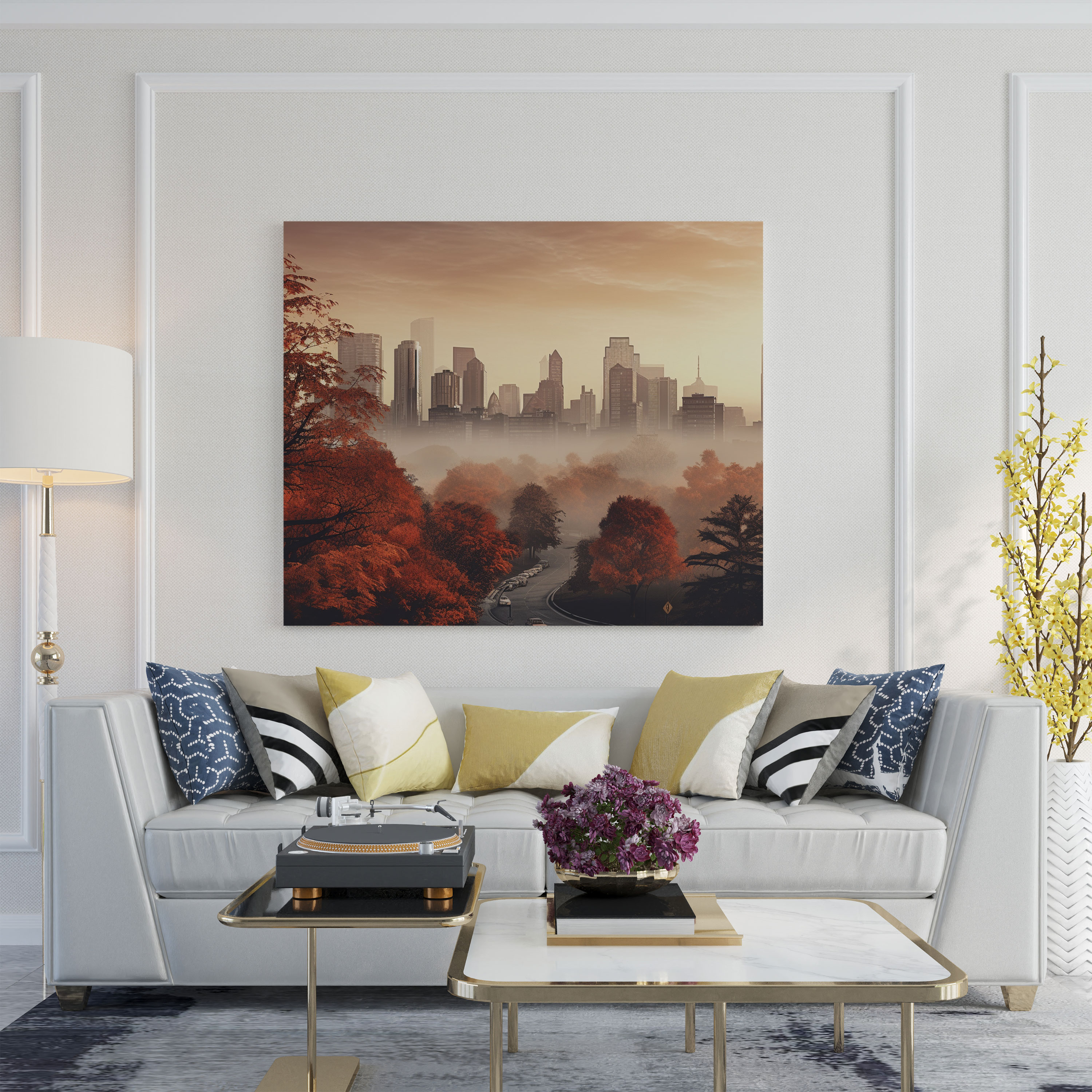 Sonbahar Kent Manzarası Kanvas Tablo - Modern Dijital Sanat Ev Dekorasyonu
