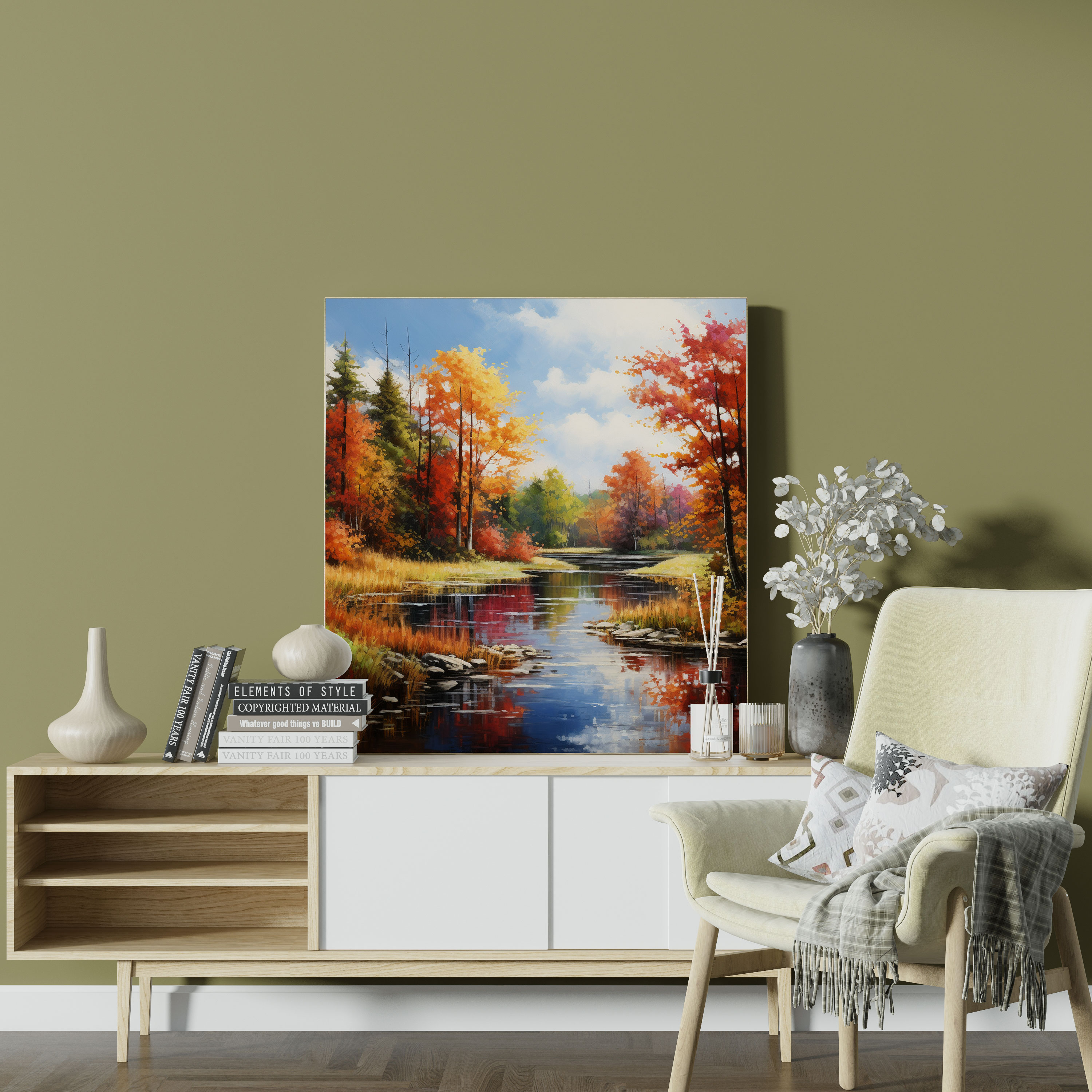 Autumn Serene Lake Oil Painting - Autumn, Vibrant Autumn Trees, Wall Decoration, Home Decoration
