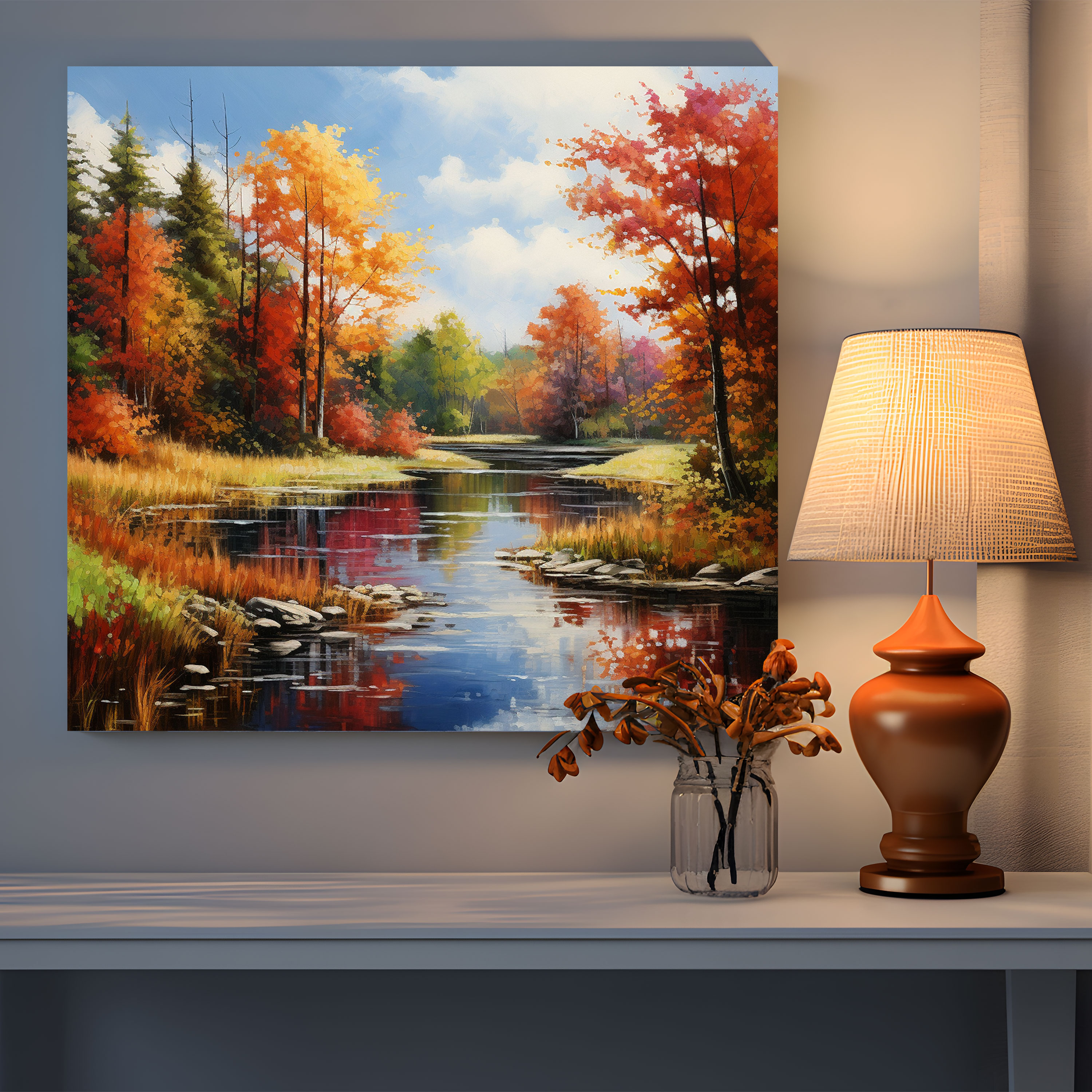 Autumn Serene Lake Oil Painting - Autumn, Vibrant Autumn Trees, Wall Decoration, Home Decoration