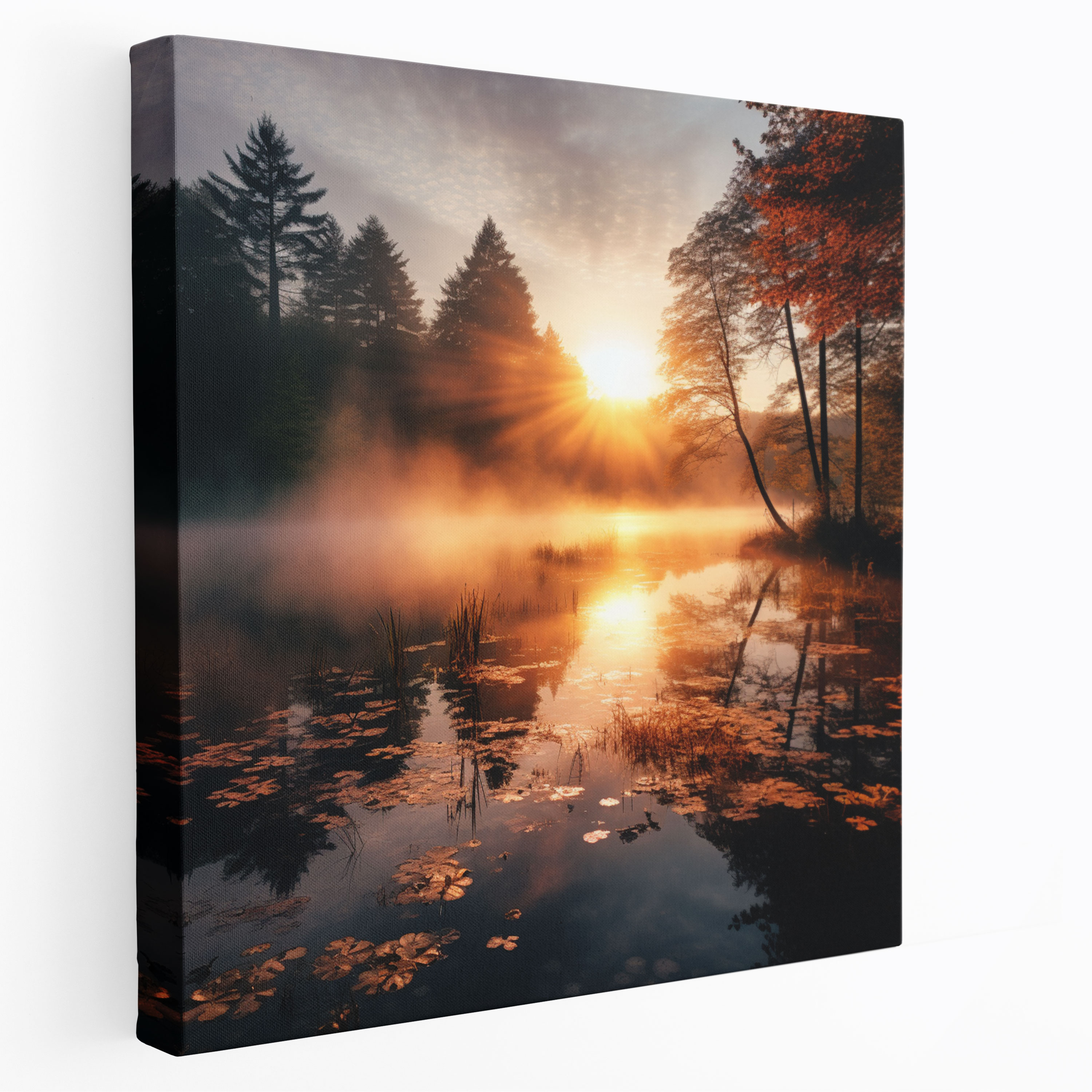 Autumn Misty Lake Photography Canvas Print - Autumn, Serene Lake, Canvas Print, Wall Decoration