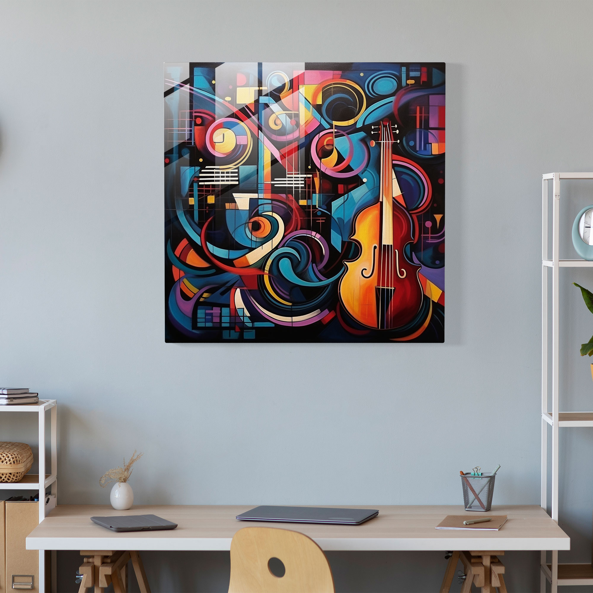 Musical Abstraction Glass Print - Basquiat, Rhythm, Shapes, Home Decoration