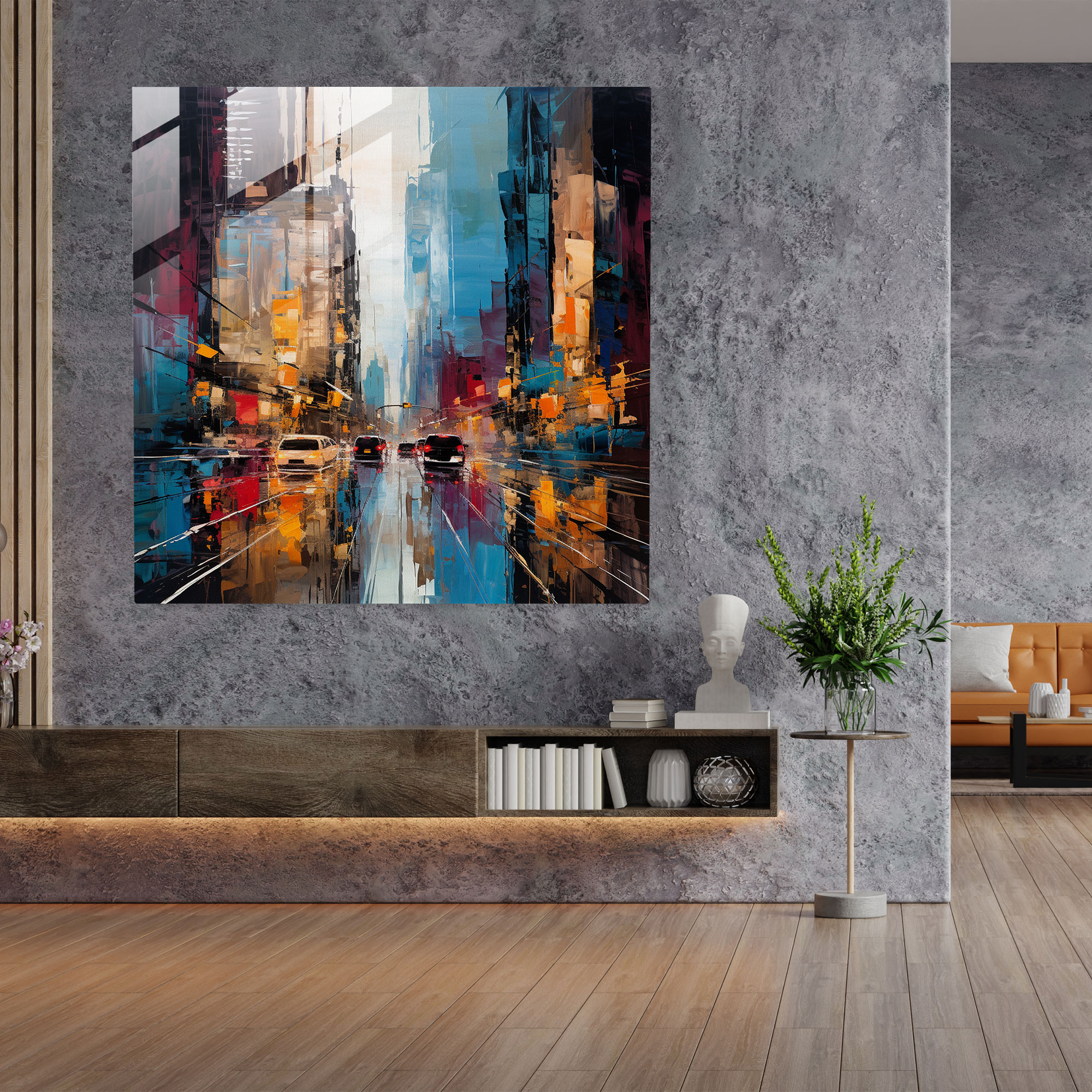 Kaotik Şehir Cam Tablo - Basquiat Modern Sanat Kaotik Fırça Darbeleri