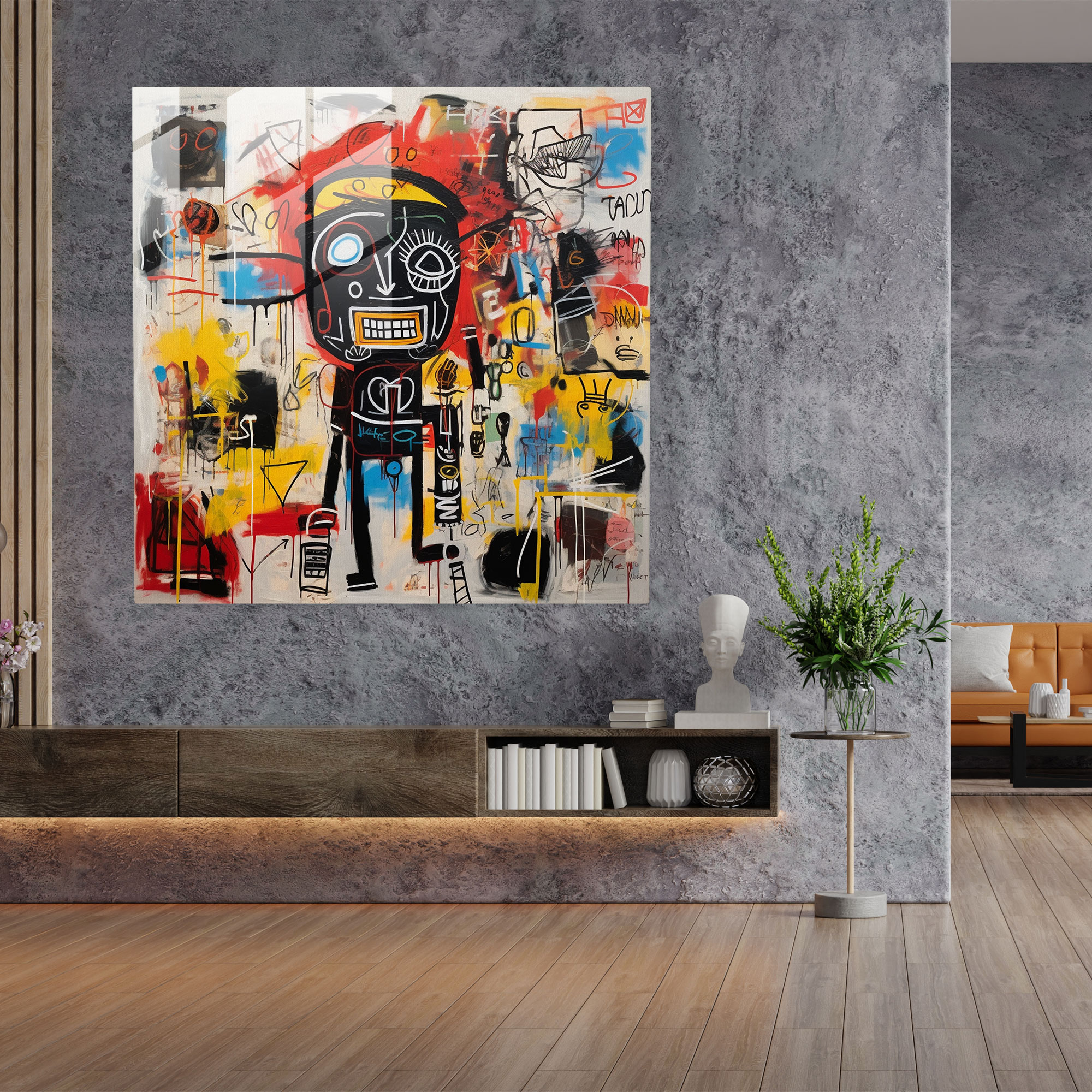 Basquiat Esintili Cam Tablo - Modern Sanat Figürler Soyut Dışavurumcu Resimler