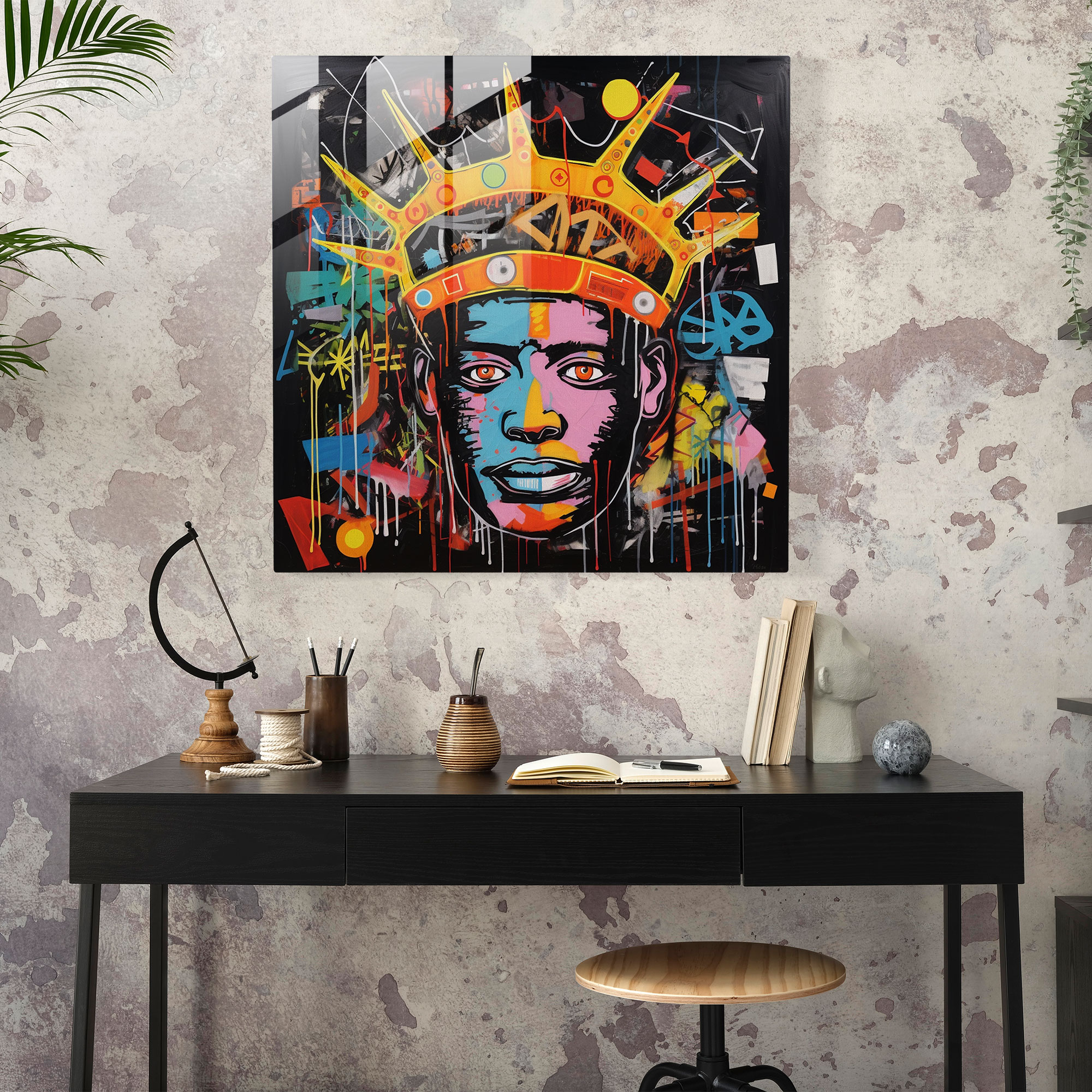 Basquiat Taç Cam Tablo - Graffiti Esinli Sanat Eseri Cam Duvar Sanatı Duvar Dekorasyonu