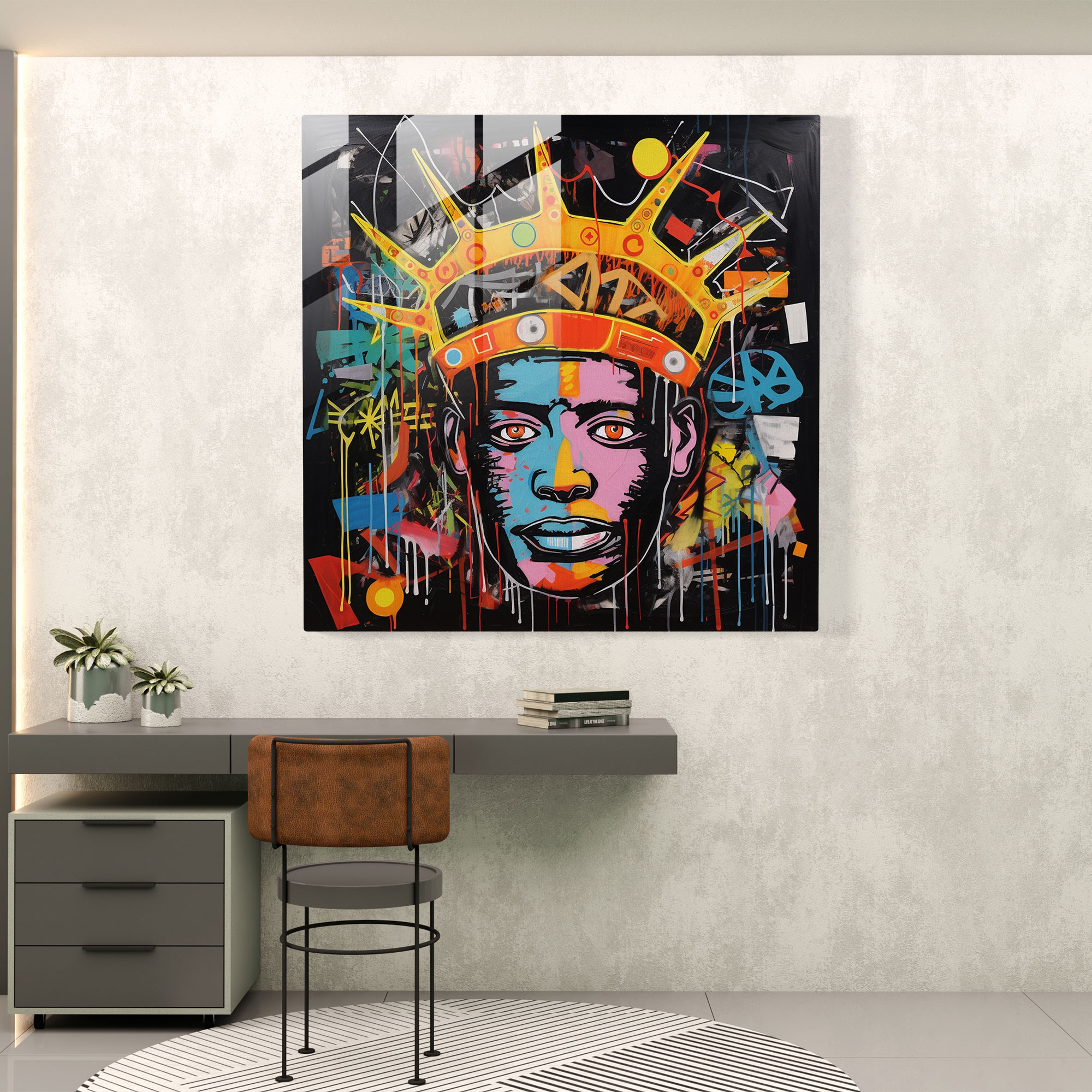 Basquiat Taç Cam Tablo - Graffiti Esinli Sanat Eseri Cam Duvar Sanatı Duvar Dekorasyonu