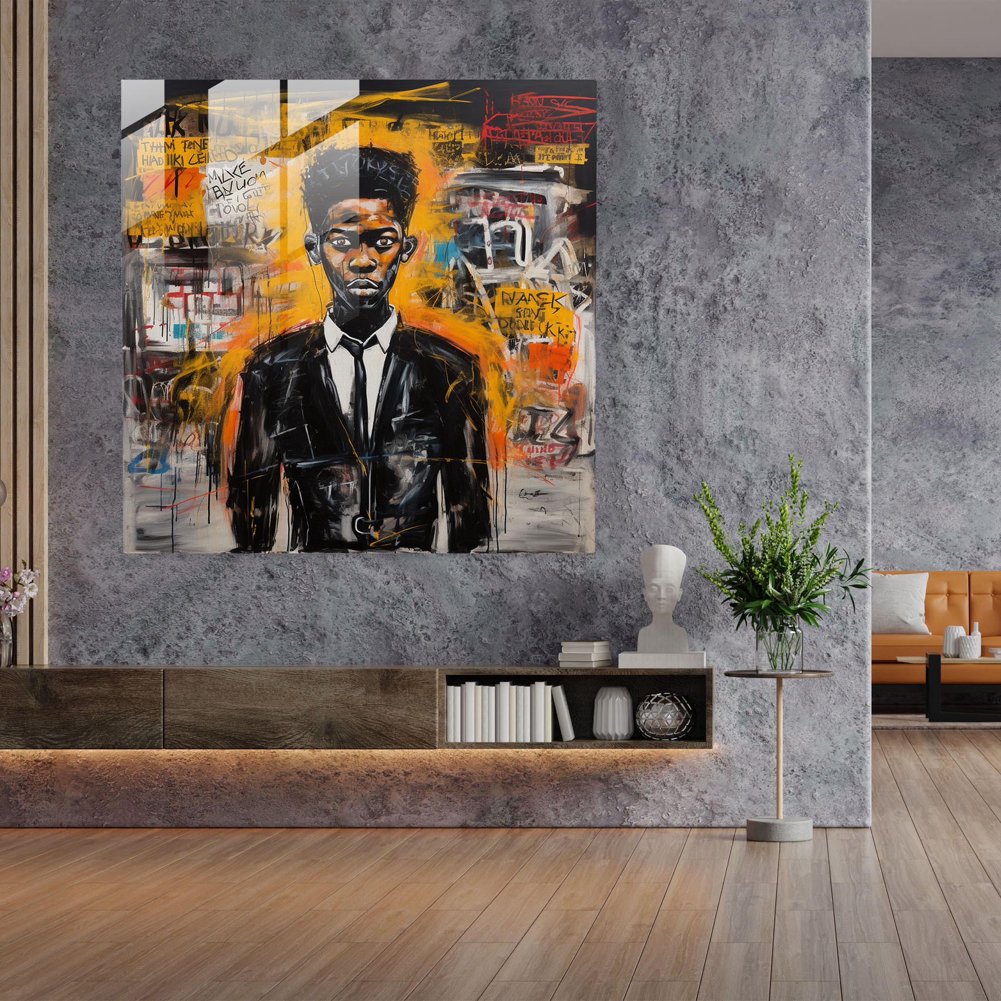 Şehir Temalı Cam Tablo - Basquiat Tutku Duvar Dekorasyonu İfadeci Yağlı Boya