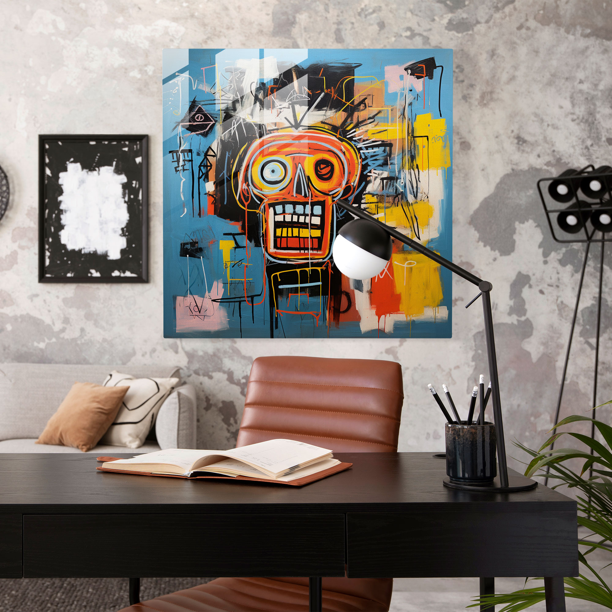 Basquiat Etkili Neo-Ekspresyonist Cam Tablo - Modern Sanat Cam Duvar Sanatı