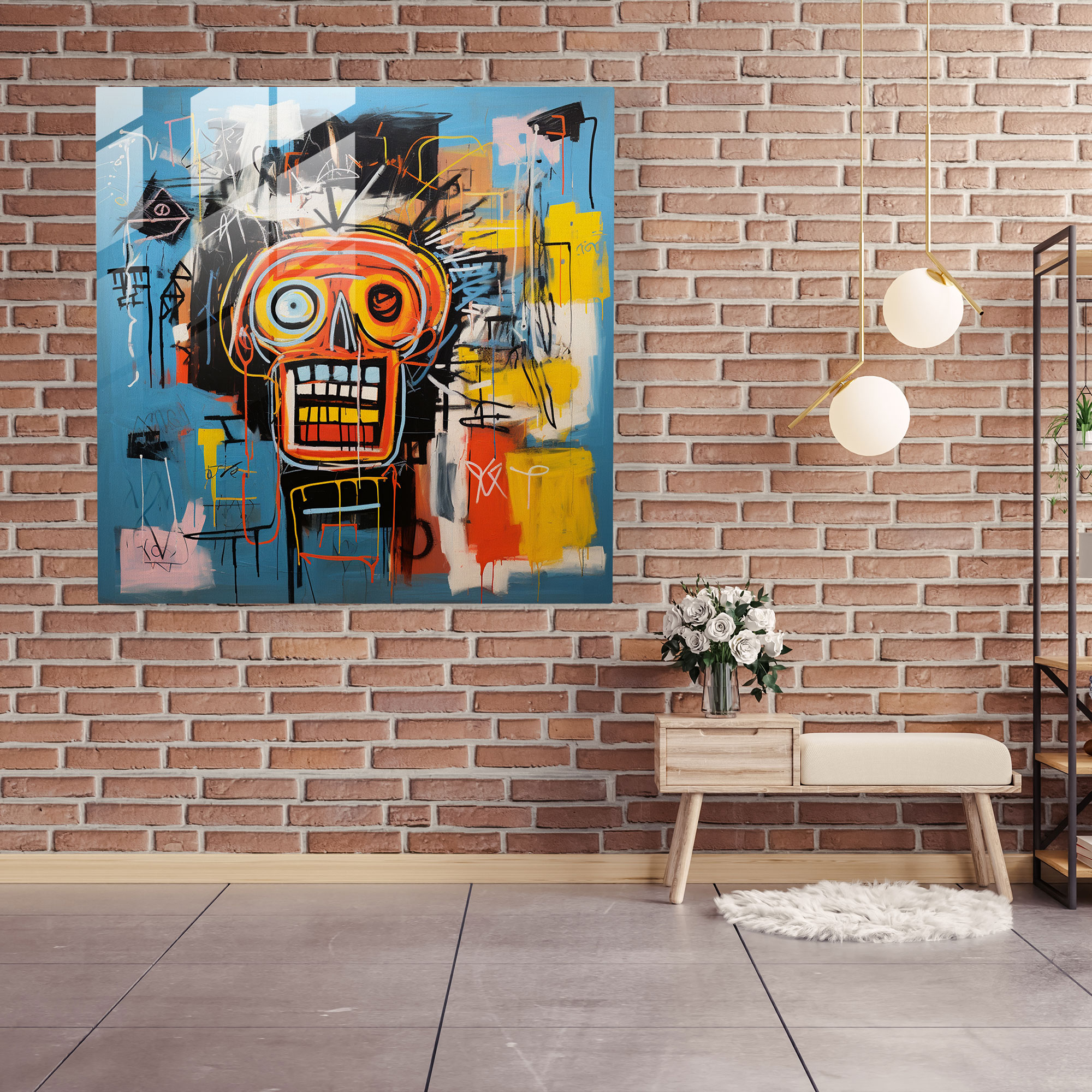 Basquiat Etkili Neo-Ekspresyonist Cam Tablo - Modern Sanat Cam Duvar Sanatı