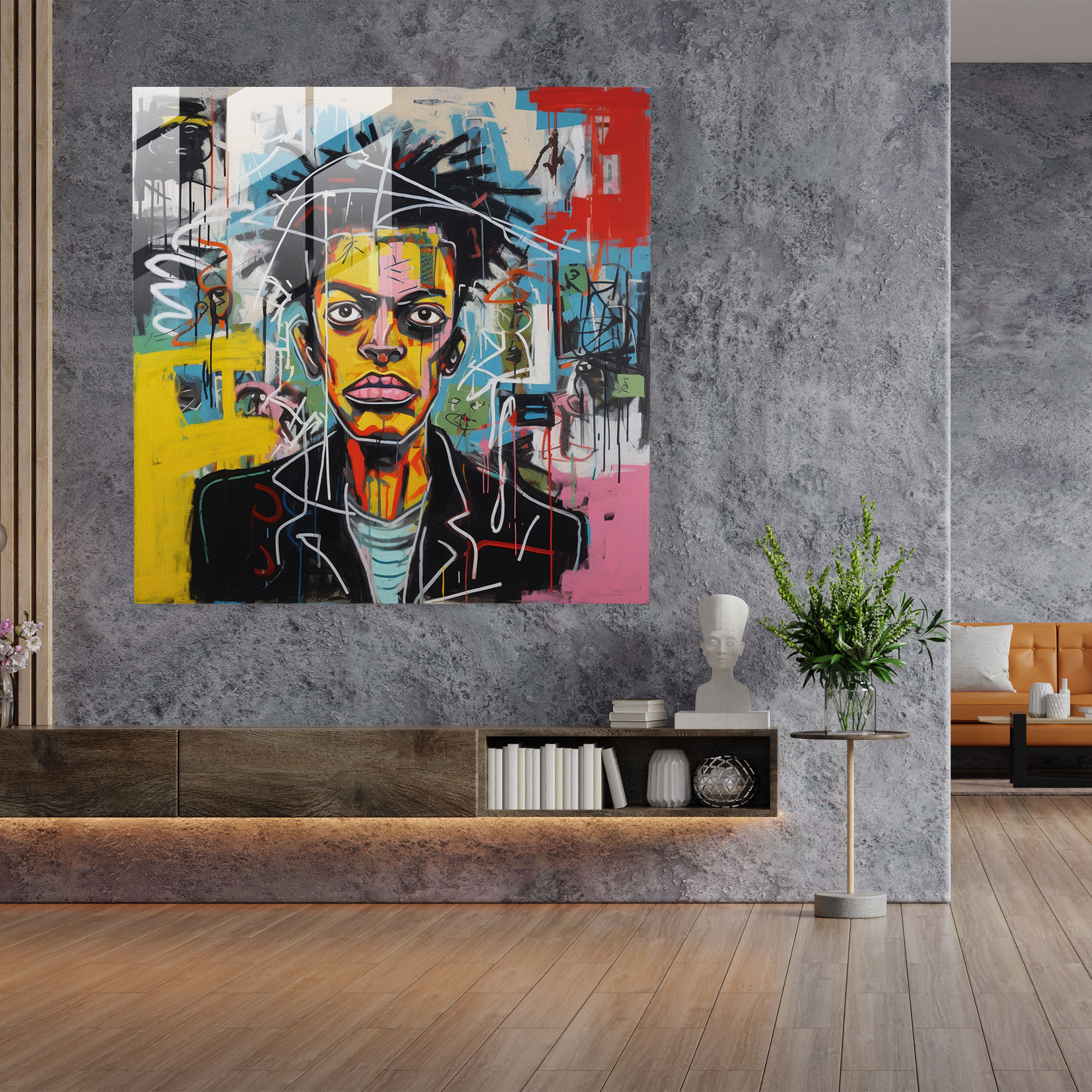 Basquiat-Inspired Glass Print - Basquiat, Modern Art, Raw Energy, Neo-Expressionist Painting