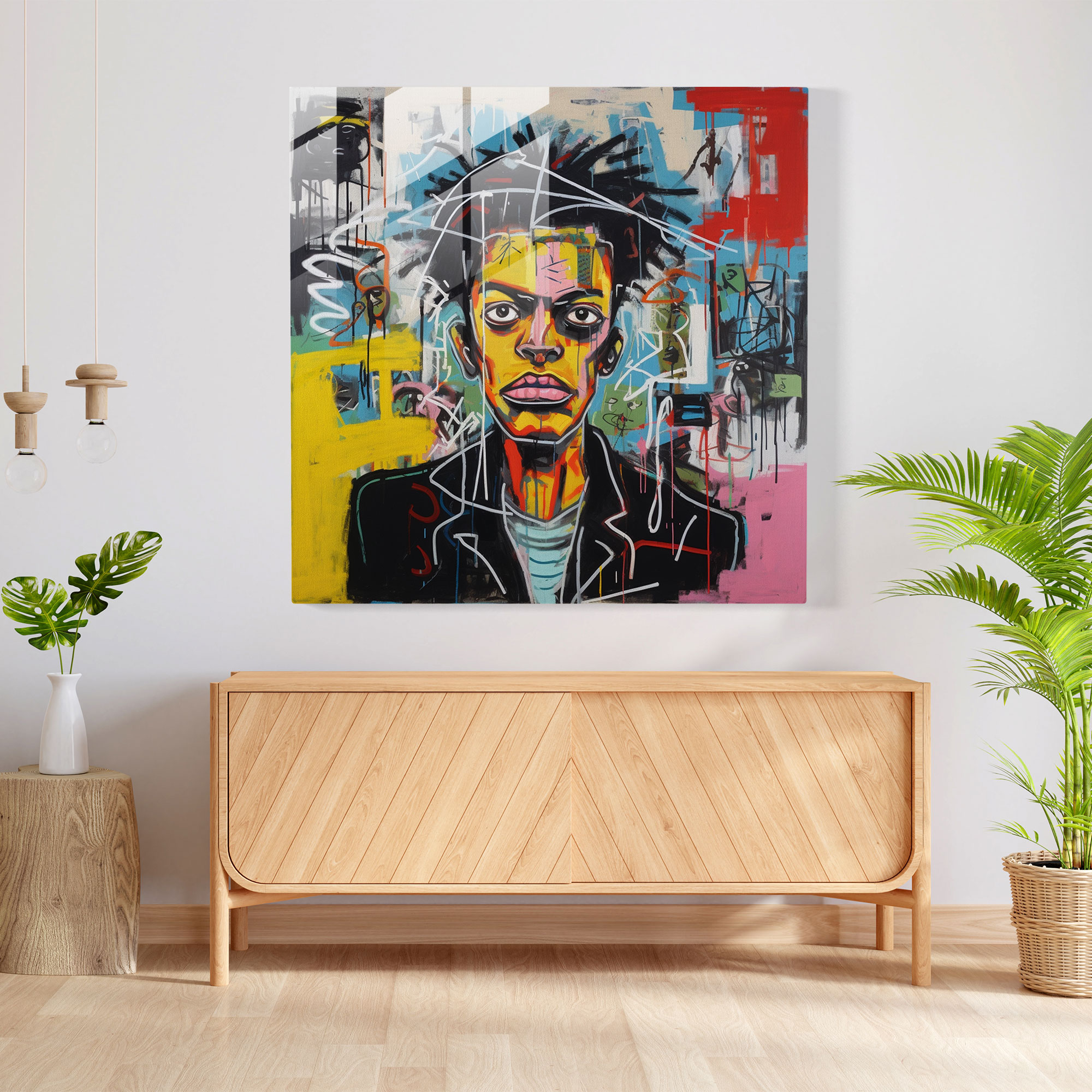Basquiat-Inspired Glass Print - Basquiat, Modern Art, Raw Energy, Neo-Expressionist Painting