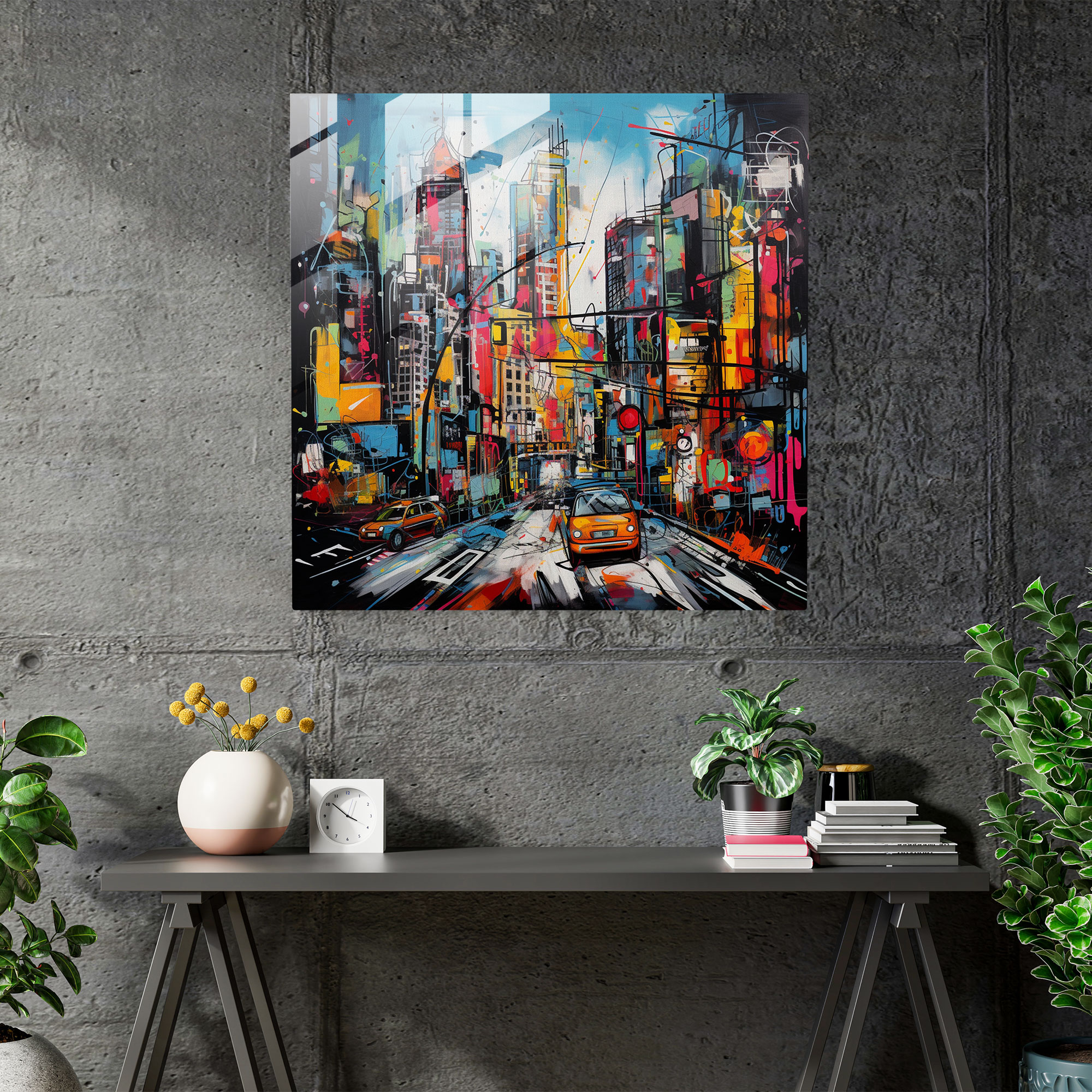 Basquiat Glass Print - Graffiti Cityscape - Basquiat, Energy, Modern Art, Basquiat