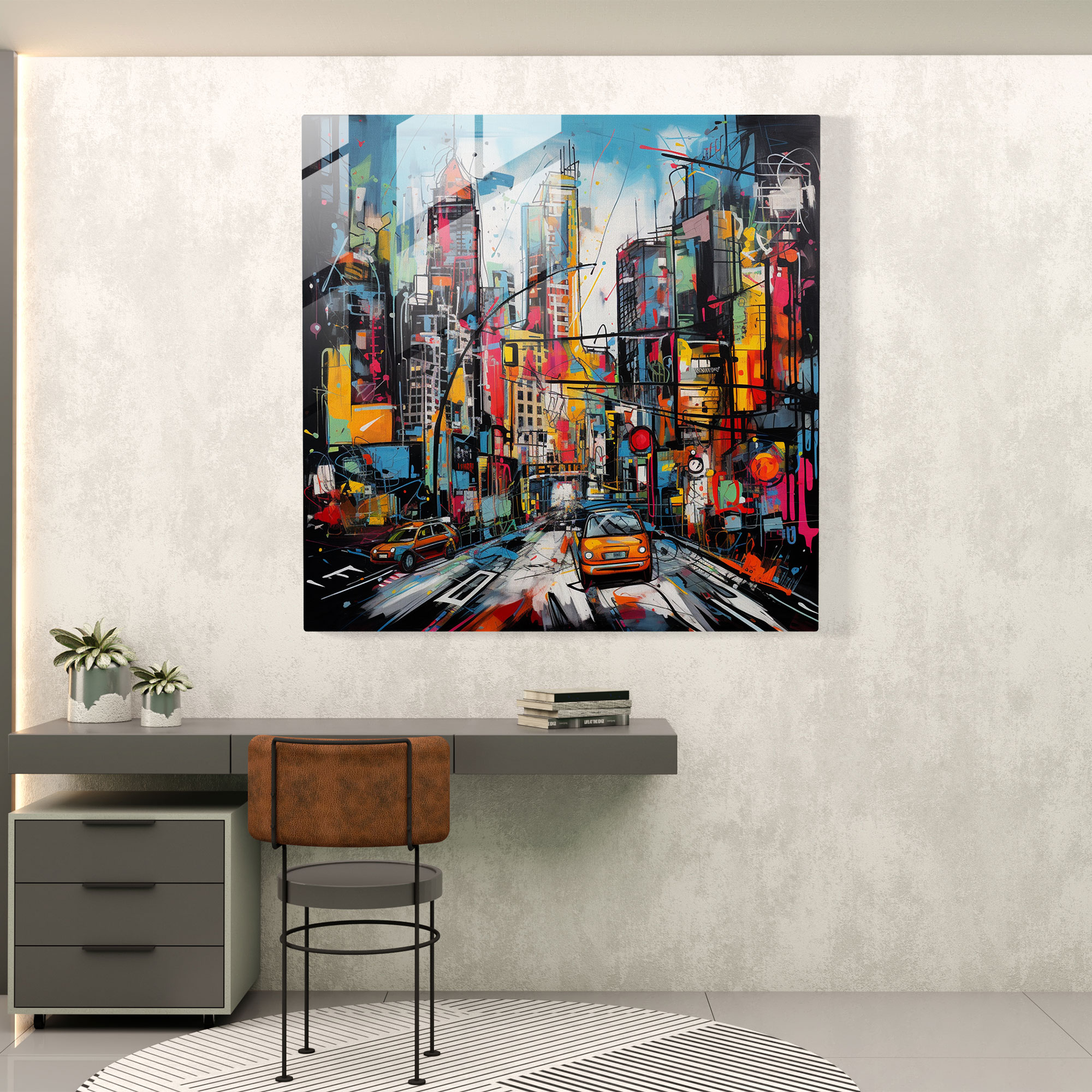 Basquiat Glass Print - Graffiti Cityscape - Basquiat, Energy, Modern Art, Basquiat