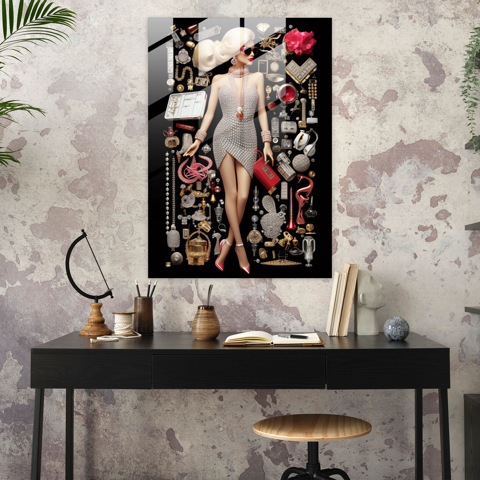 Barbie Glass Print - Glamorous Mosaic - Barbie, Mosaic Collage, Fashion, Glass Print