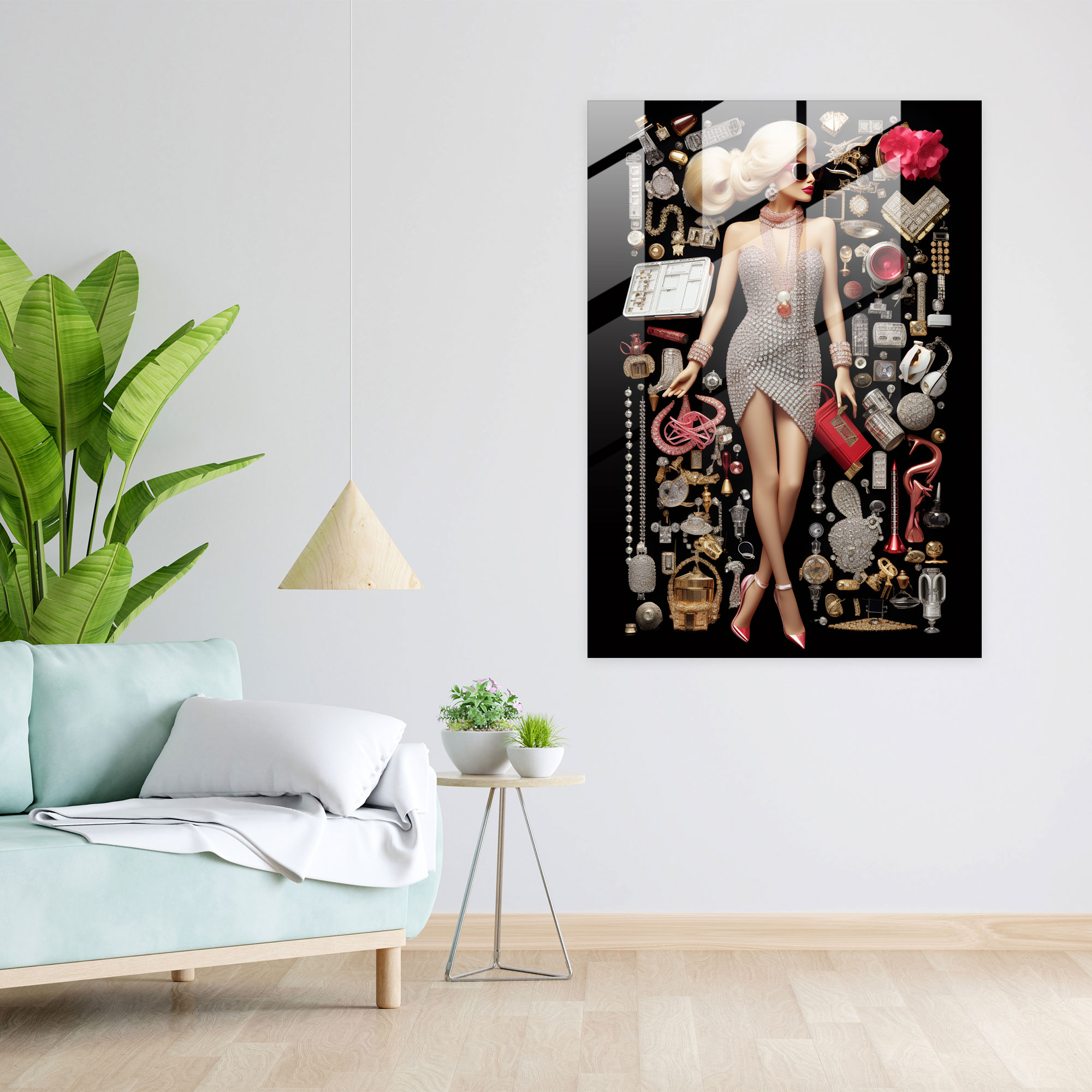 Barbie Glass Print - Glamorous Mosaic - Barbie, Mosaic Collage, Fashion, Glass Print