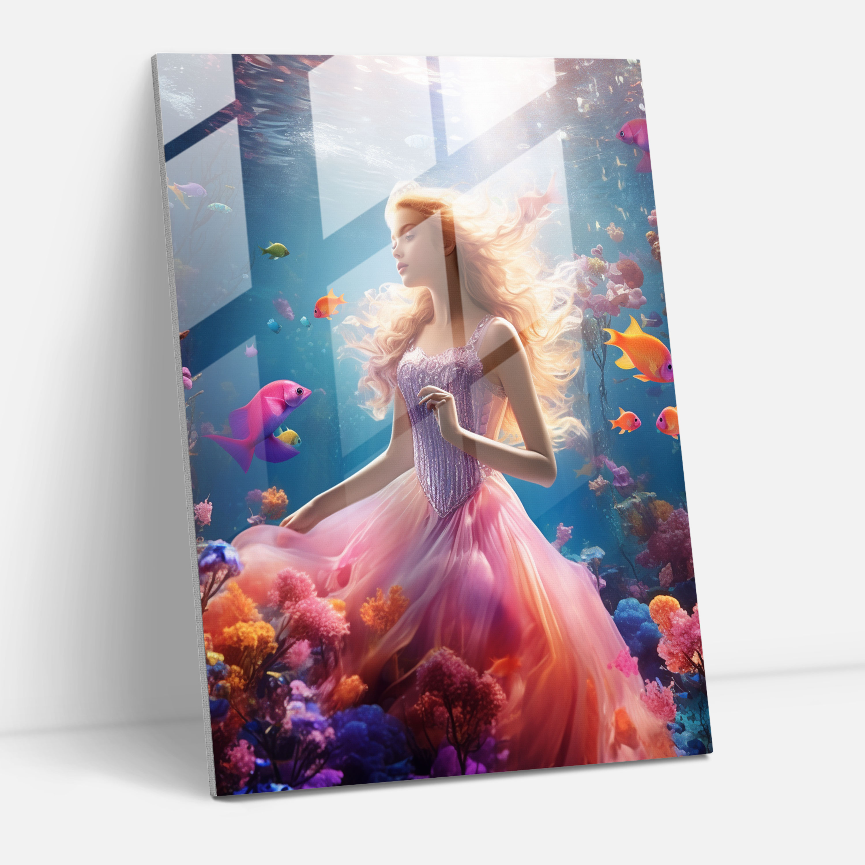 Barbie Glass Print - Underwater Adventure - Tranquil Wall Decoration - Barbie, Underwater, Home Decoration, Coral Reefs
