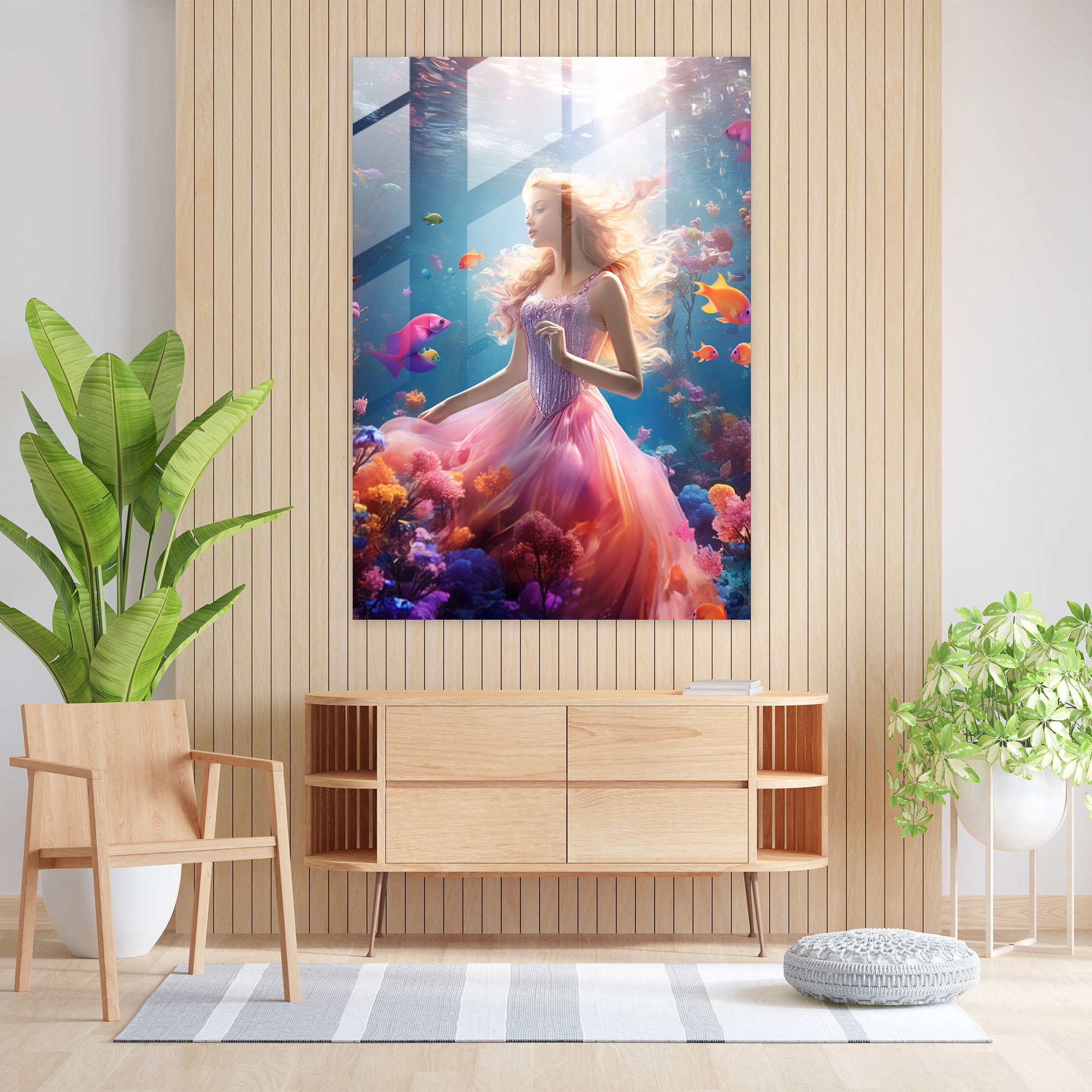Barbie Glass Print - Underwater Adventure - Tranquil Wall Decoration - Barbie, Underwater, Home Decoration, Coral Reefs