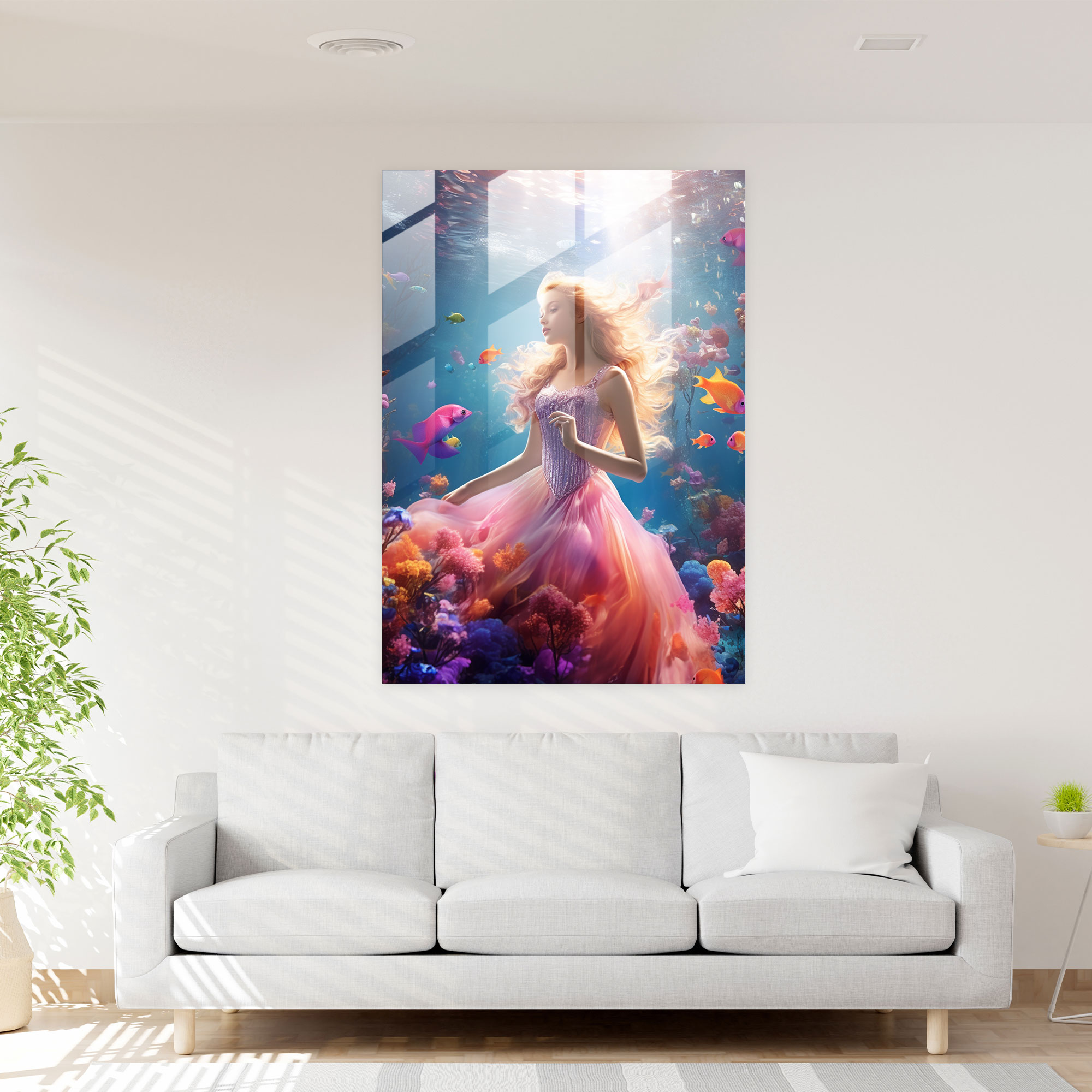 Barbie Glass Print - Underwater Adventure - Tranquil Wall Decoration - Barbie, Underwater, Home Decoration, Coral Reefs