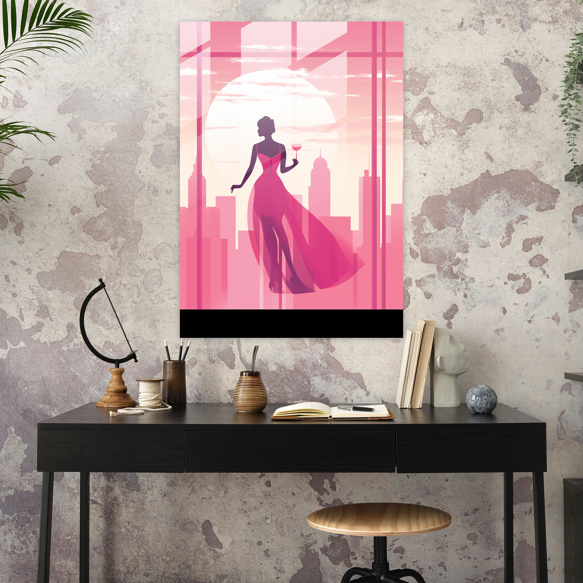Barbie Glass Print - Retro Pink Cityscape - Barbie, Cityscape, Glass Wall Art, Wall Decoration