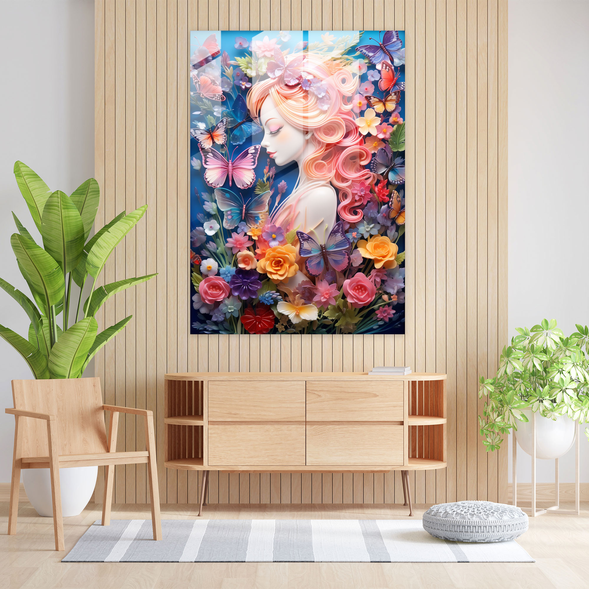 Barbie Glass Wall Art - Dreamy Garden - Barbie, Fluttering Butterflies, Vibrant Flowers, Glass Art