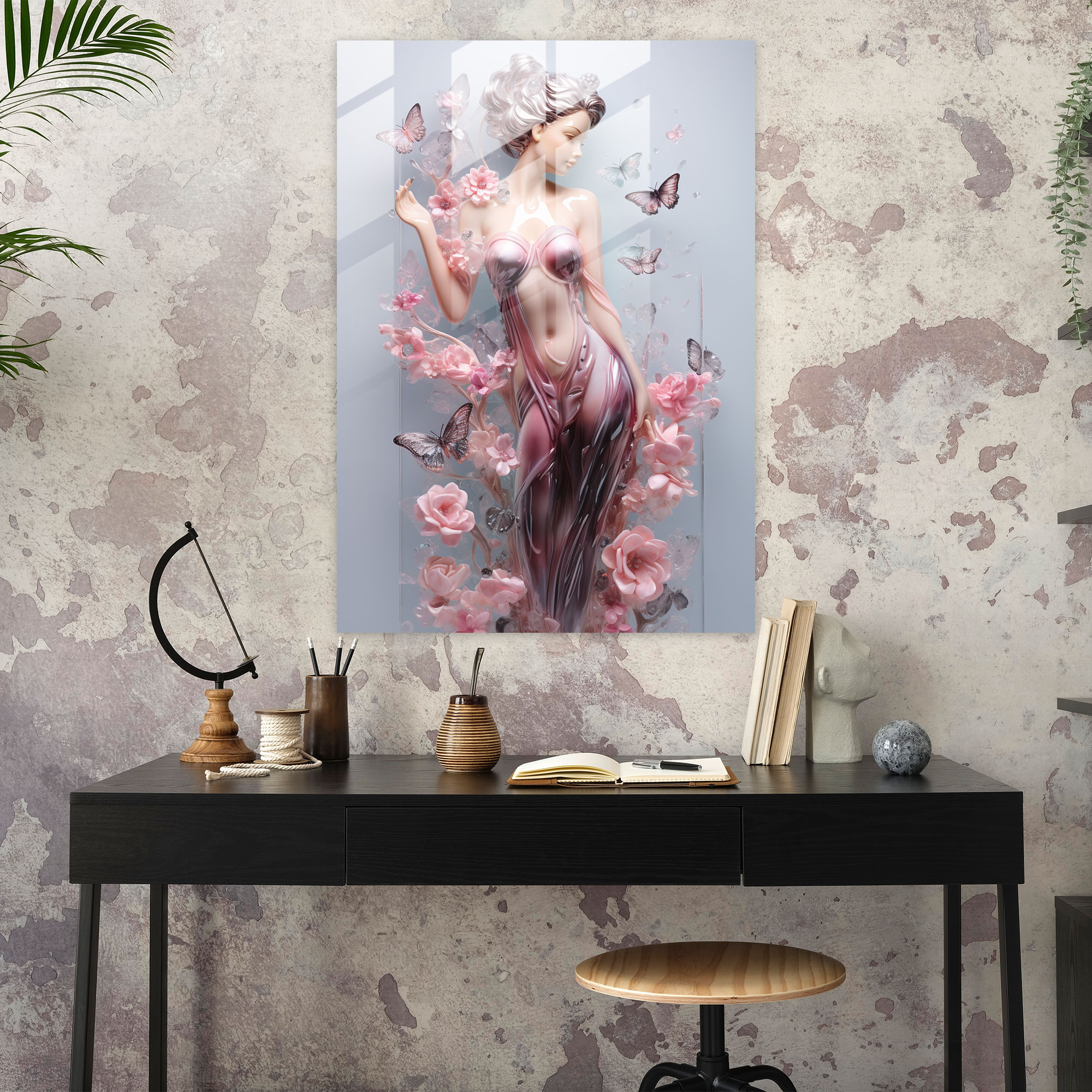 Barbie Glass Wall Art - Graceful Elegance - Barbie, Glass Art, Home Decoration, Cascading Flowers