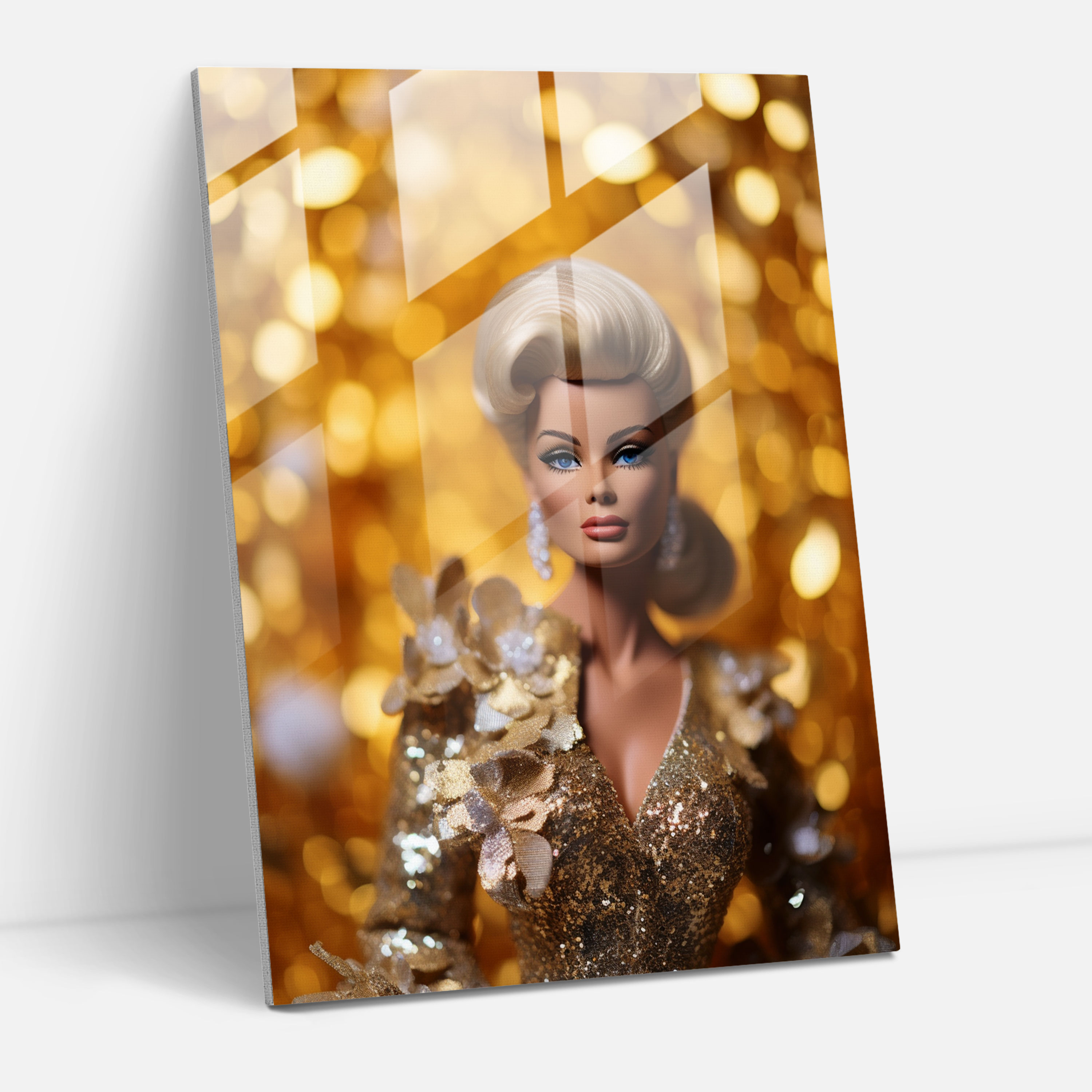 Glam Barbie Glass Wall Art - Barbie, Gold Backdrop, Portrait, Glass Art