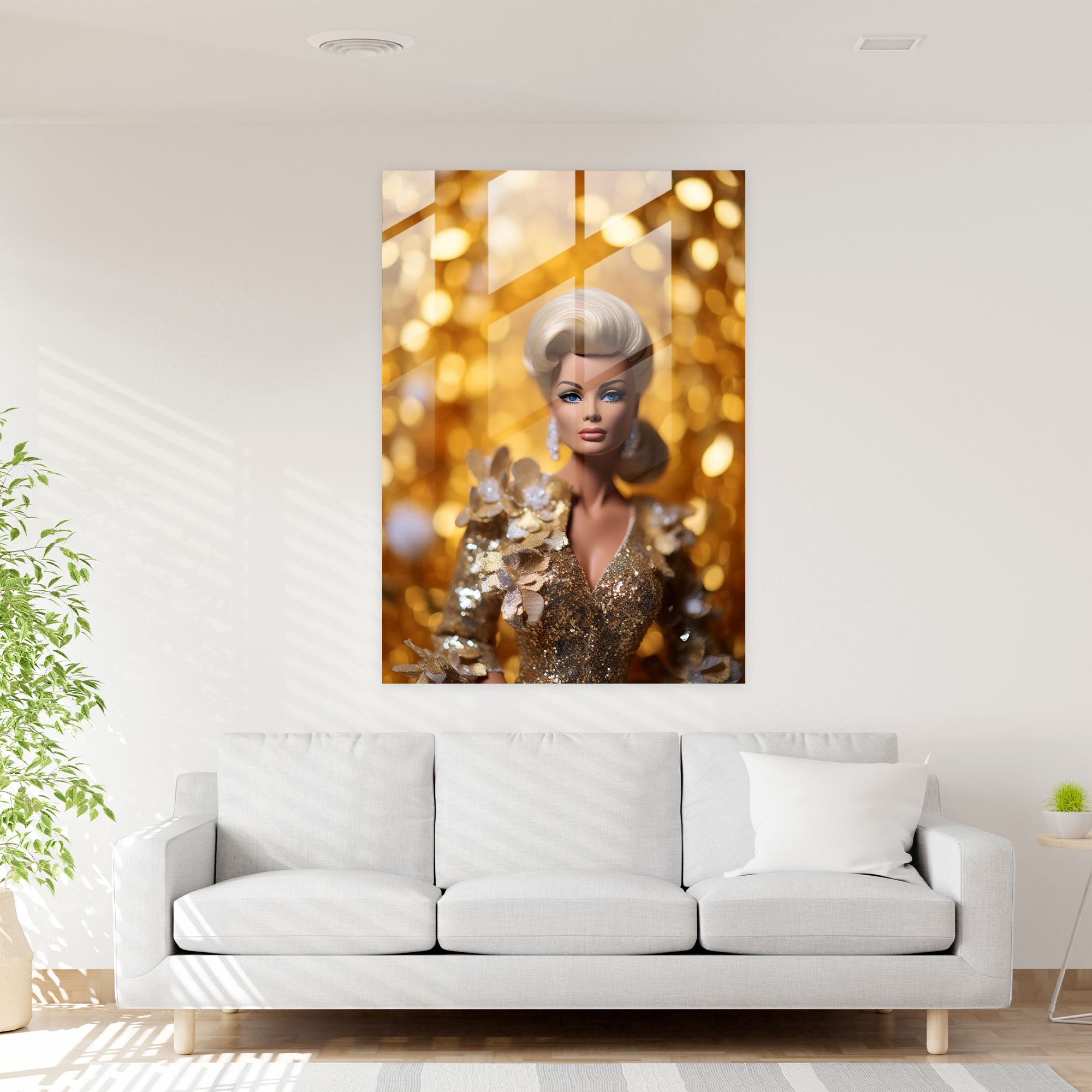 Glam Barbie Glass Wall Art - Barbie, Gold Backdrop, Portrait, Glass Art