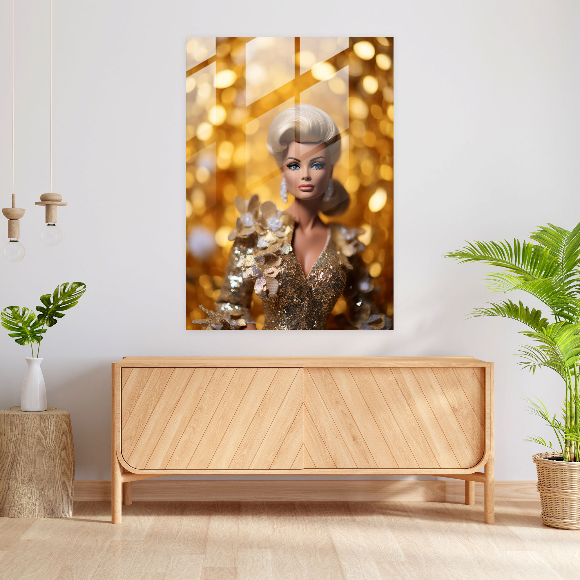 Glam Barbie Glass Wall Art - Barbie, Gold Backdrop, Portrait, Glass Art