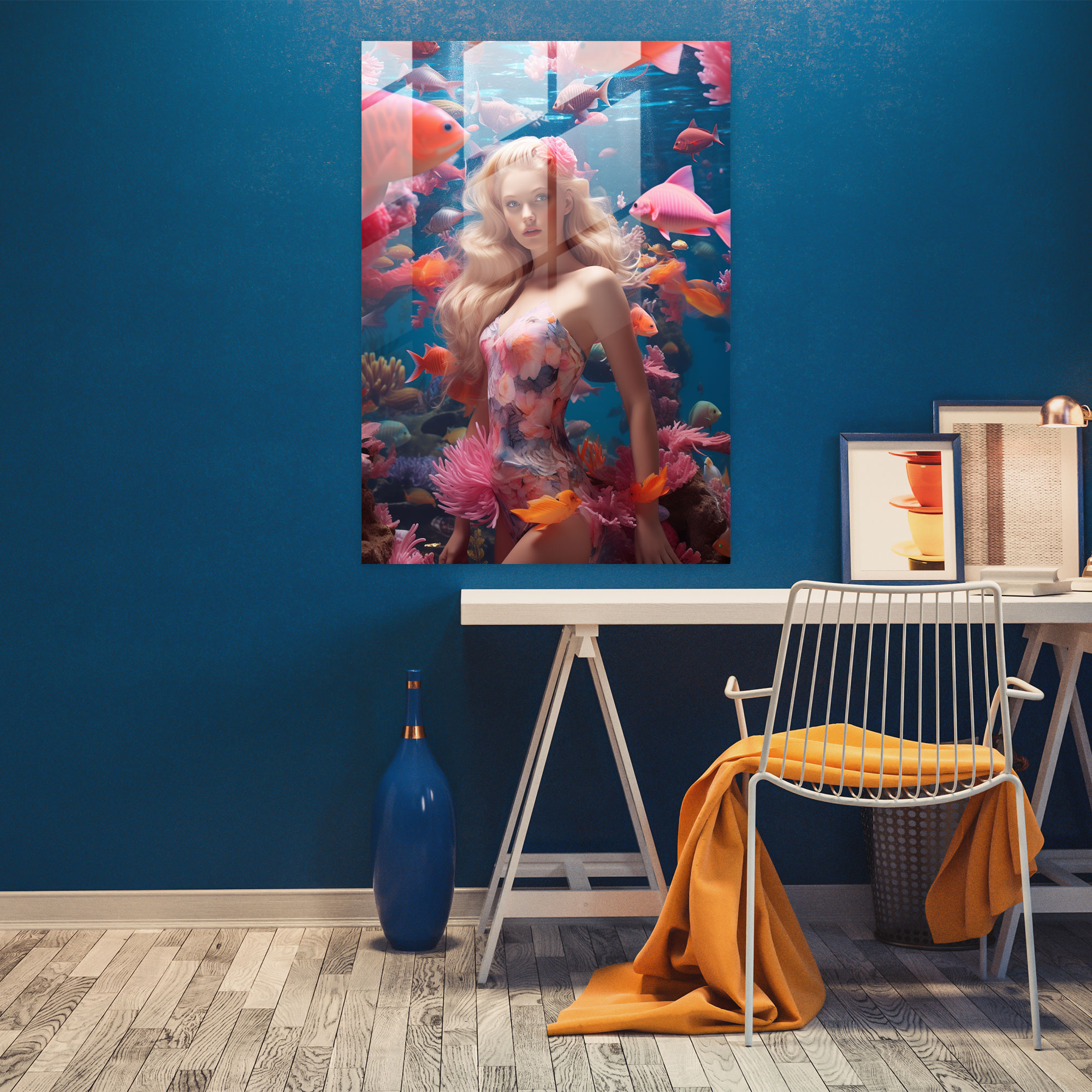 Underwater Barbie Glass Print - Barbie, Vibrant Marine Life, Home Decoration, Underwater World