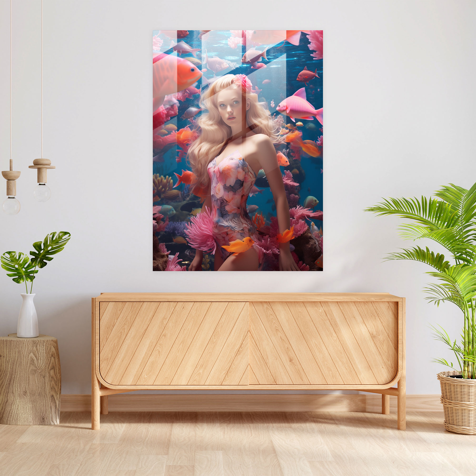 Underwater Barbie Glass Print - Barbie, Vibrant Marine Life, Home Decoration, Underwater World