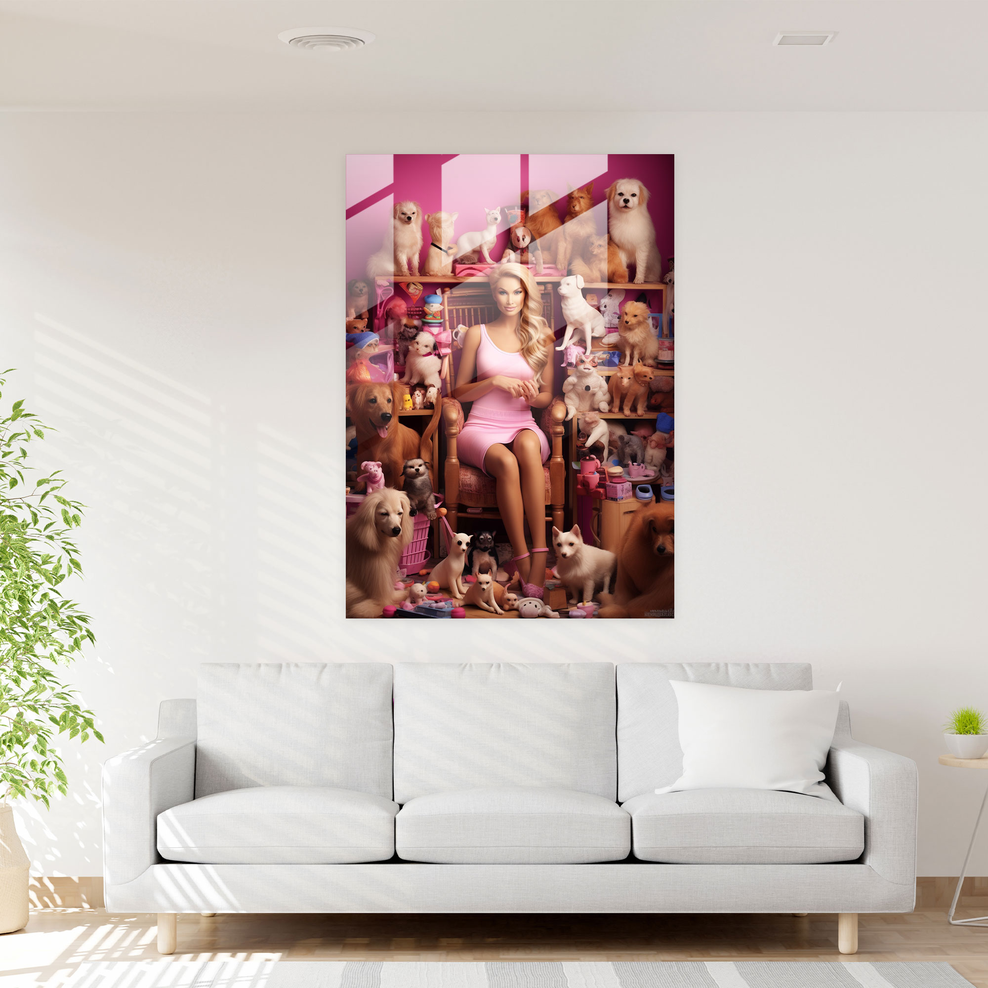 Barbie And Pets Glass Print - Barbie, Kittens, Modern Art, Companionship