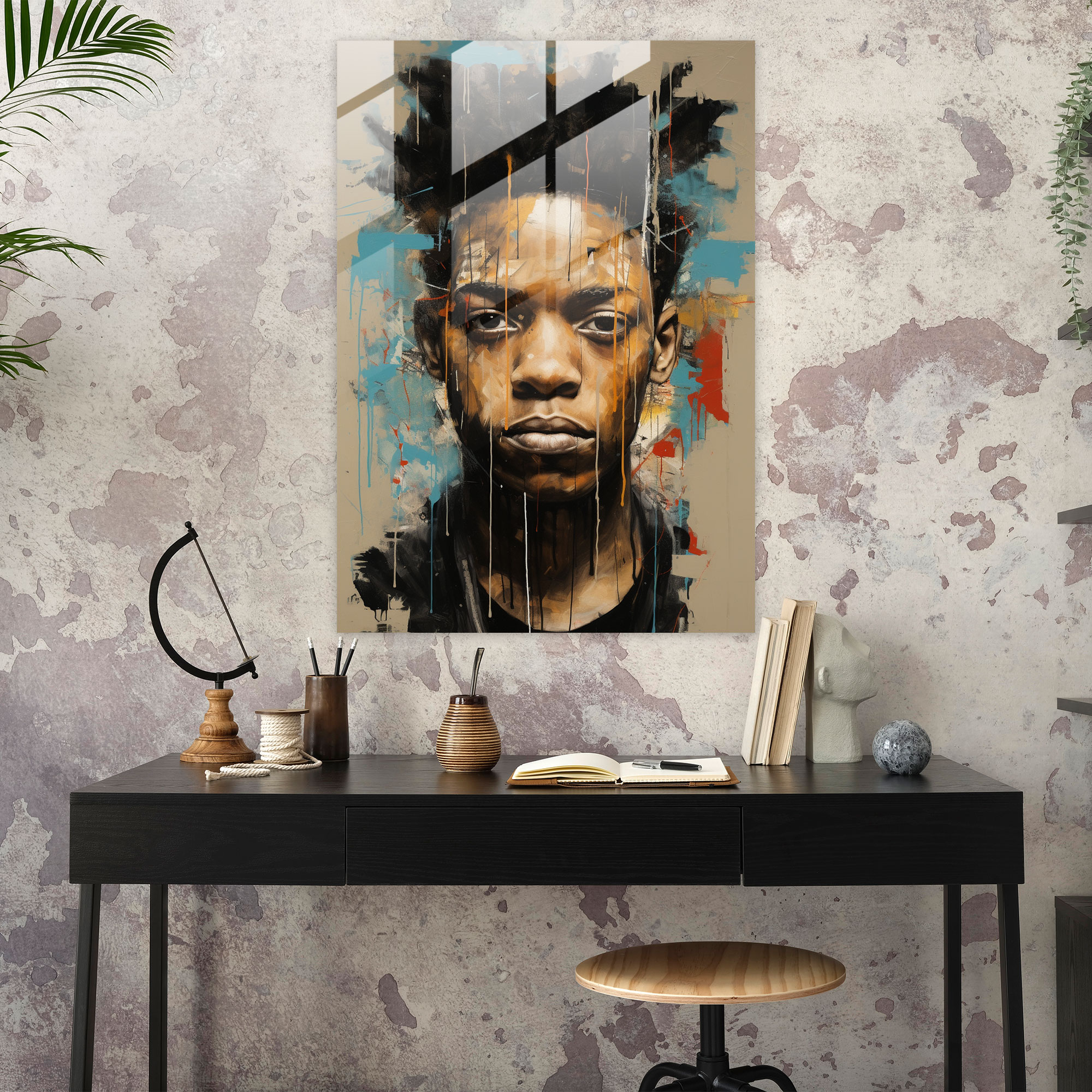 Basquiat Glass Print: Captivating Portrait - Basquiat, Modern Art, Portrait, Wall Decoration