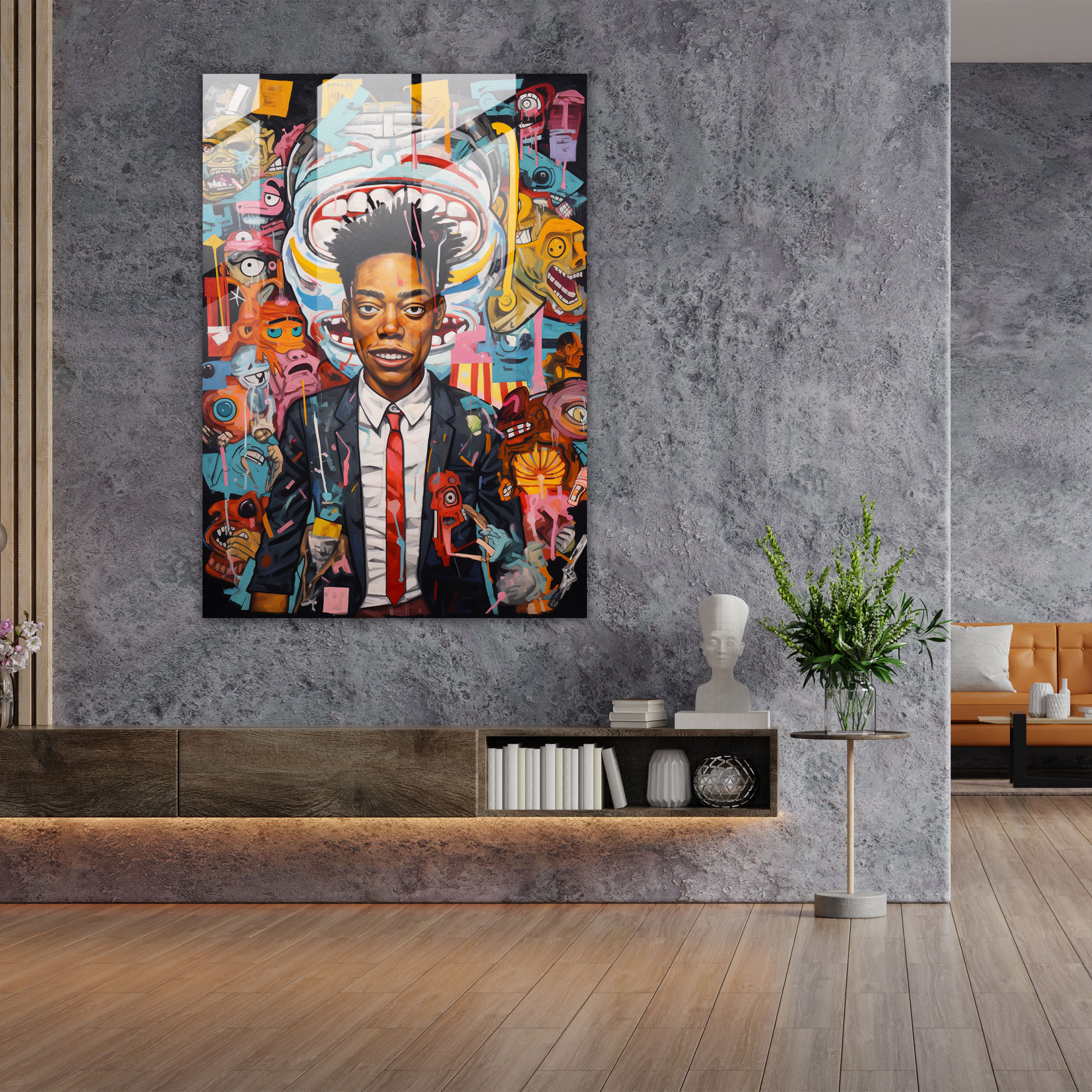 Basquiat Esintili Cam Duvar Sanatı: Sürreal Rüya Manzarası - Duvar Dekorasyonu Cam Duvar Sanatı