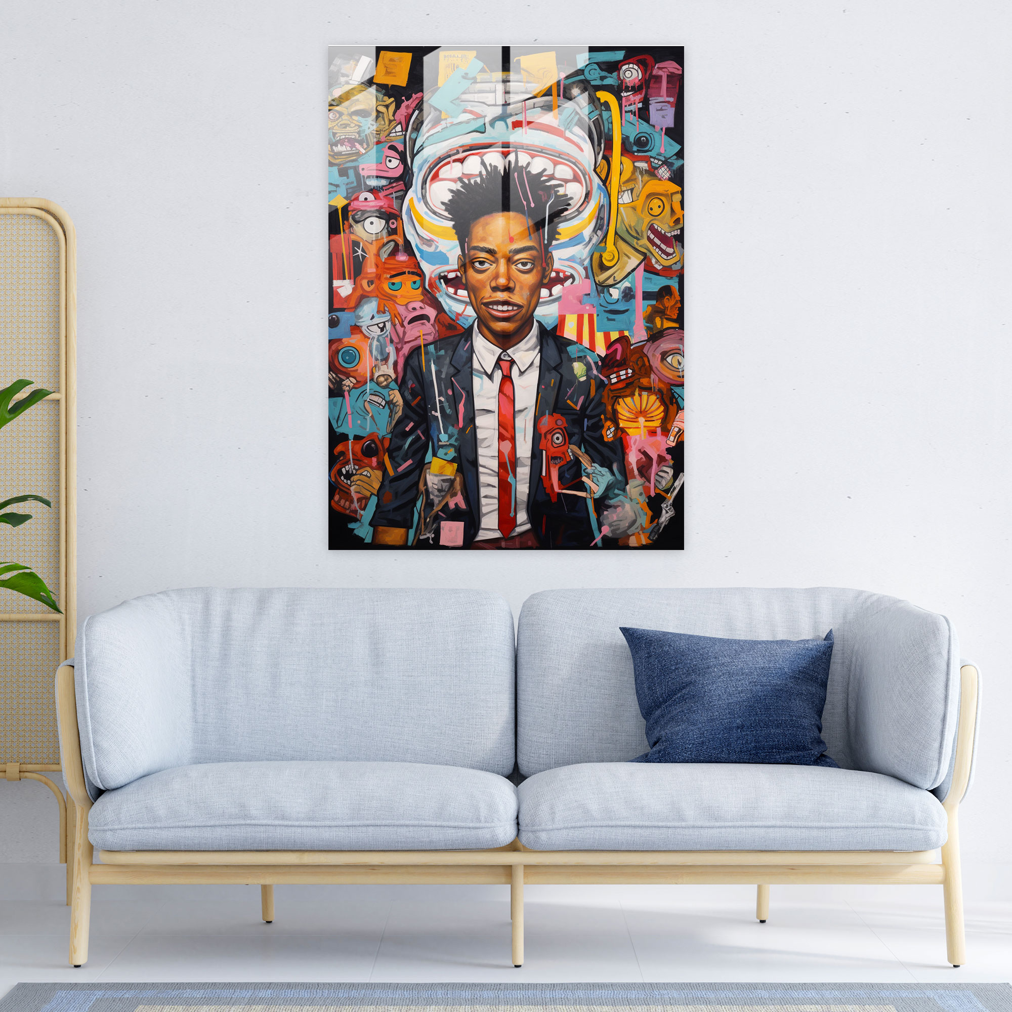 Basquiat Esintili Cam Duvar Sanatı: Sürreal Rüya Manzarası - Duvar Dekorasyonu Cam Duvar Sanatı