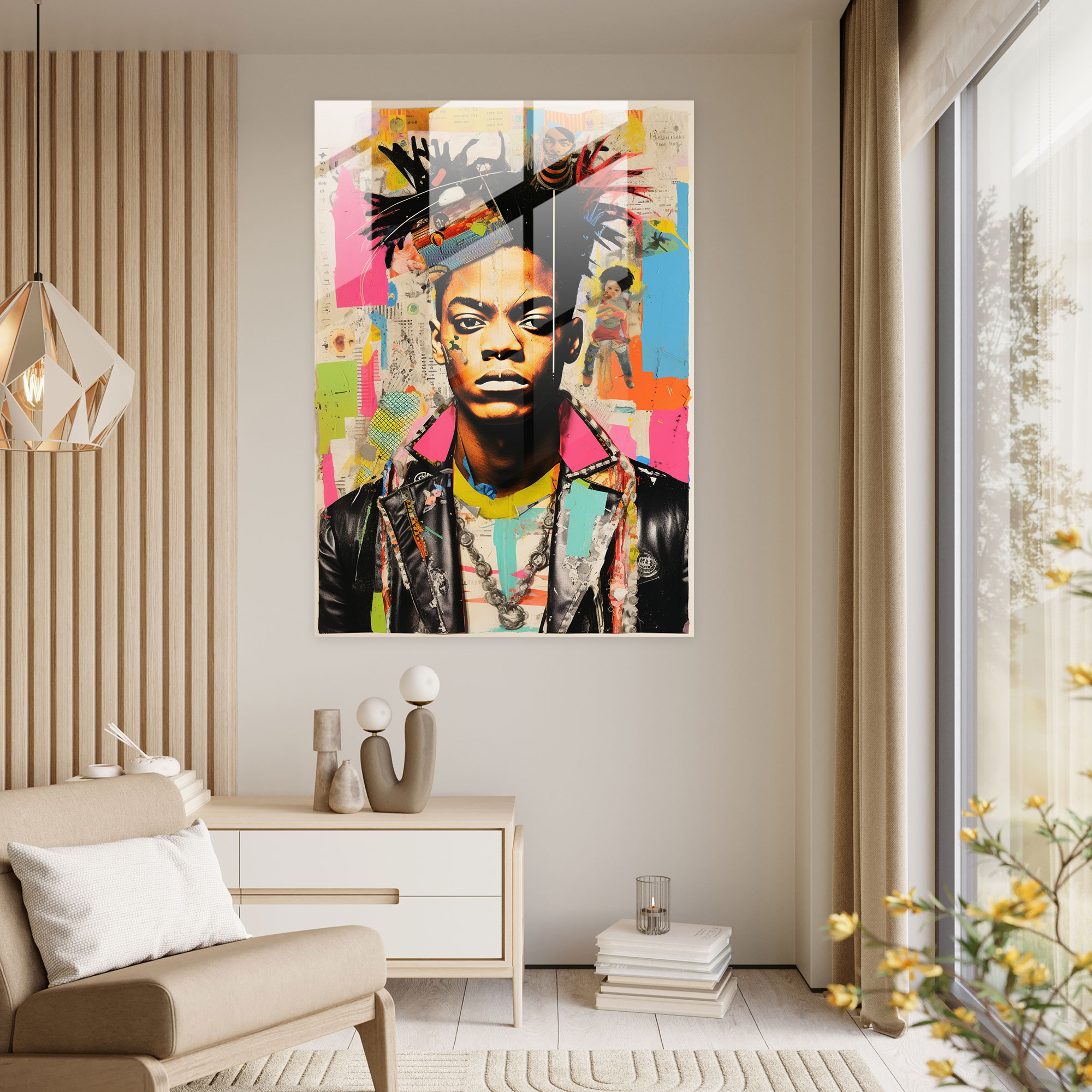 Basquiat Glass Print - Bold Collage Portrait - Basquiat, Glass Print, Glass Wall Art, Modern Art