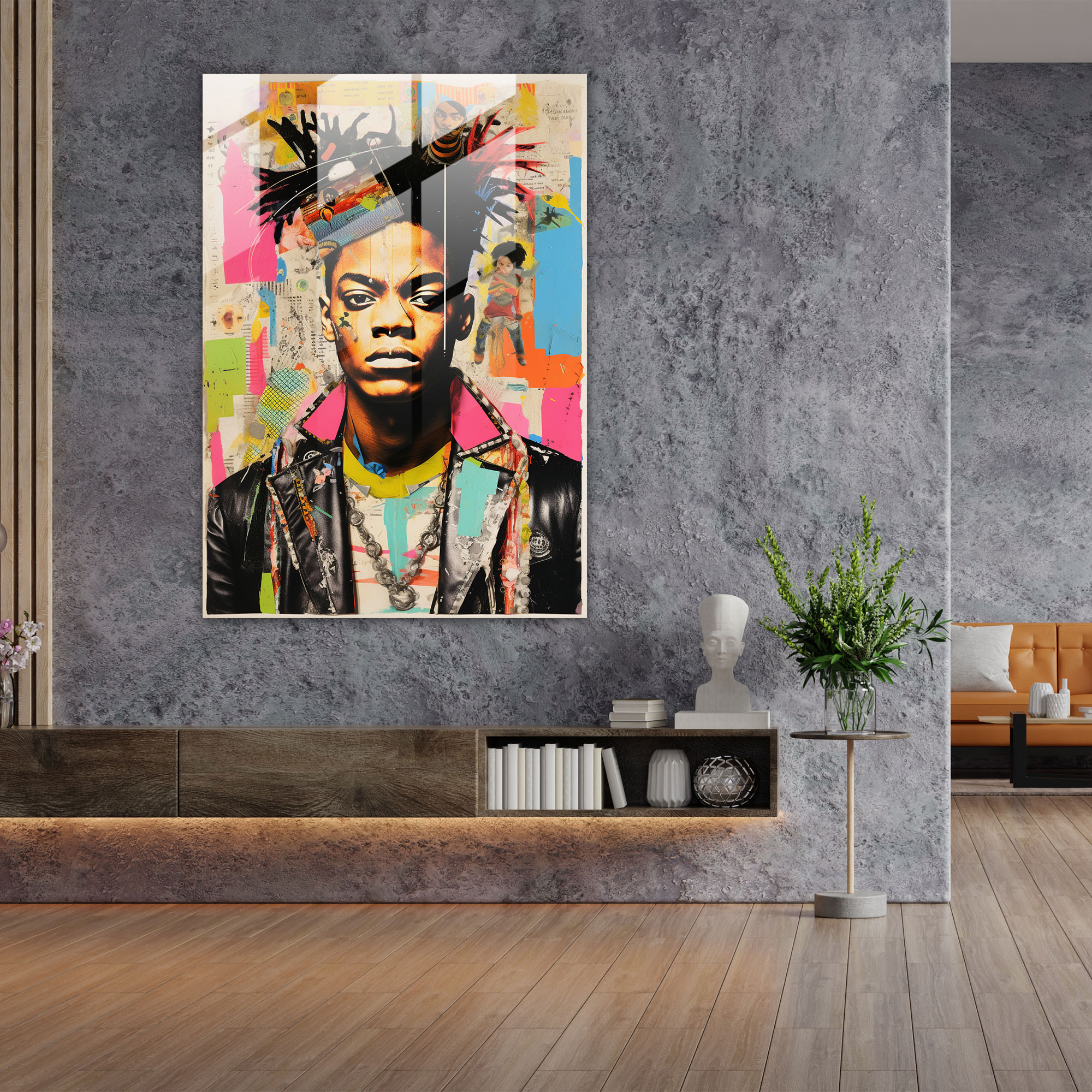 Basquiat Glass Print - Bold Collage Portrait - Basquiat, Glass Print, Glass Wall Art, Modern Art