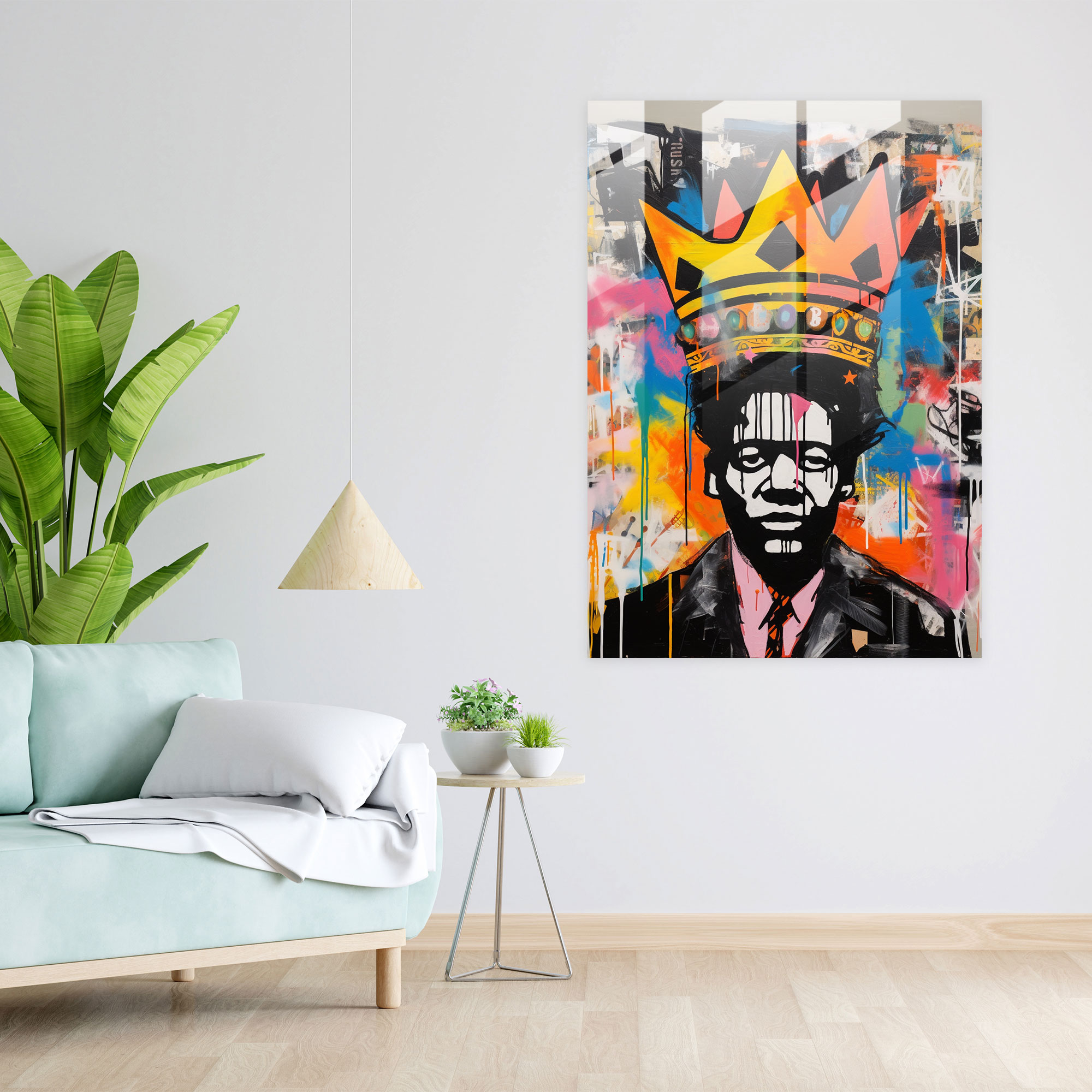Basquiat Cam Tablo - Renkli Taç Motifi - Modern Sanat Renkli Betimleme