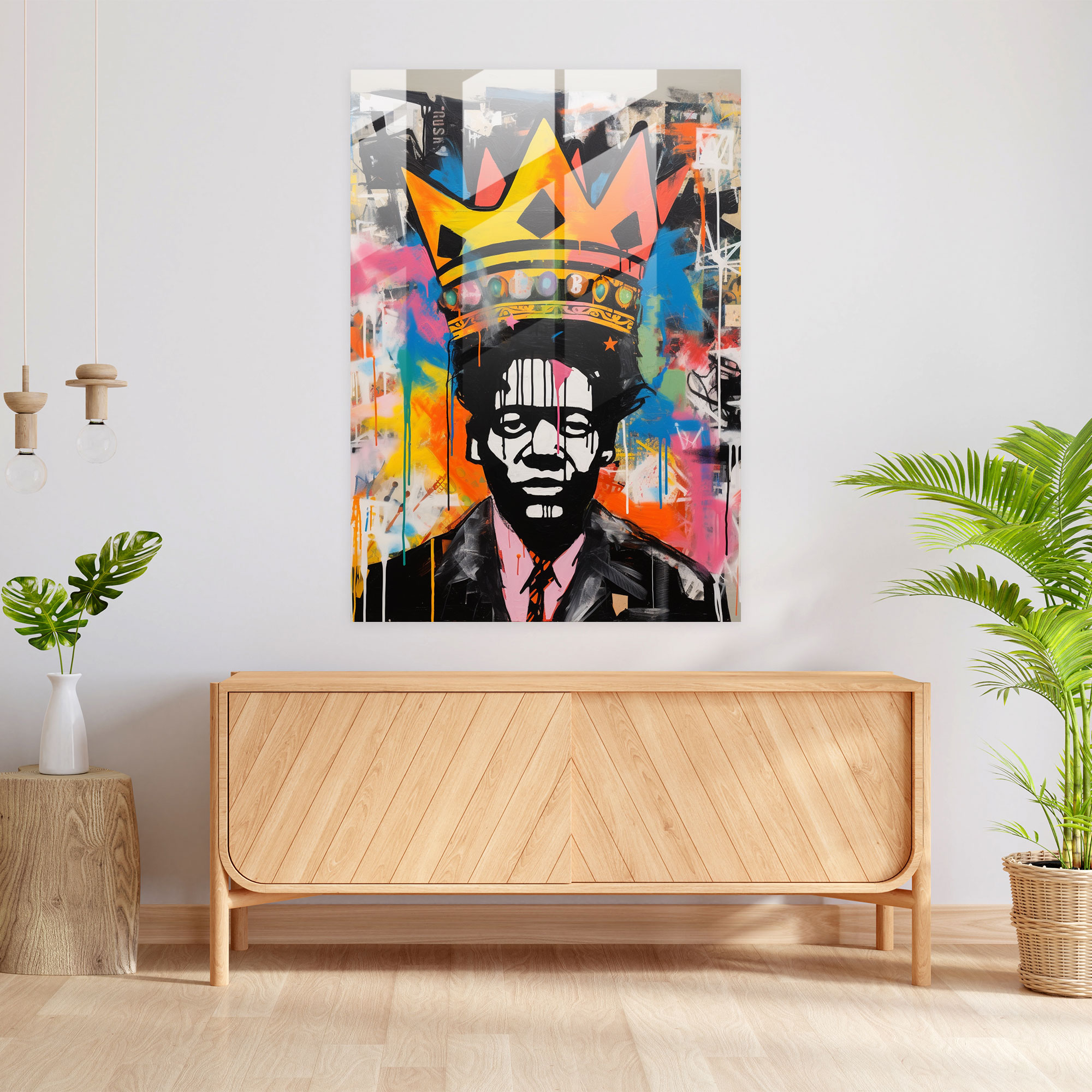 Basquiat Cam Tablo - Renkli Taç Motifi - Modern Sanat Renkli Betimleme