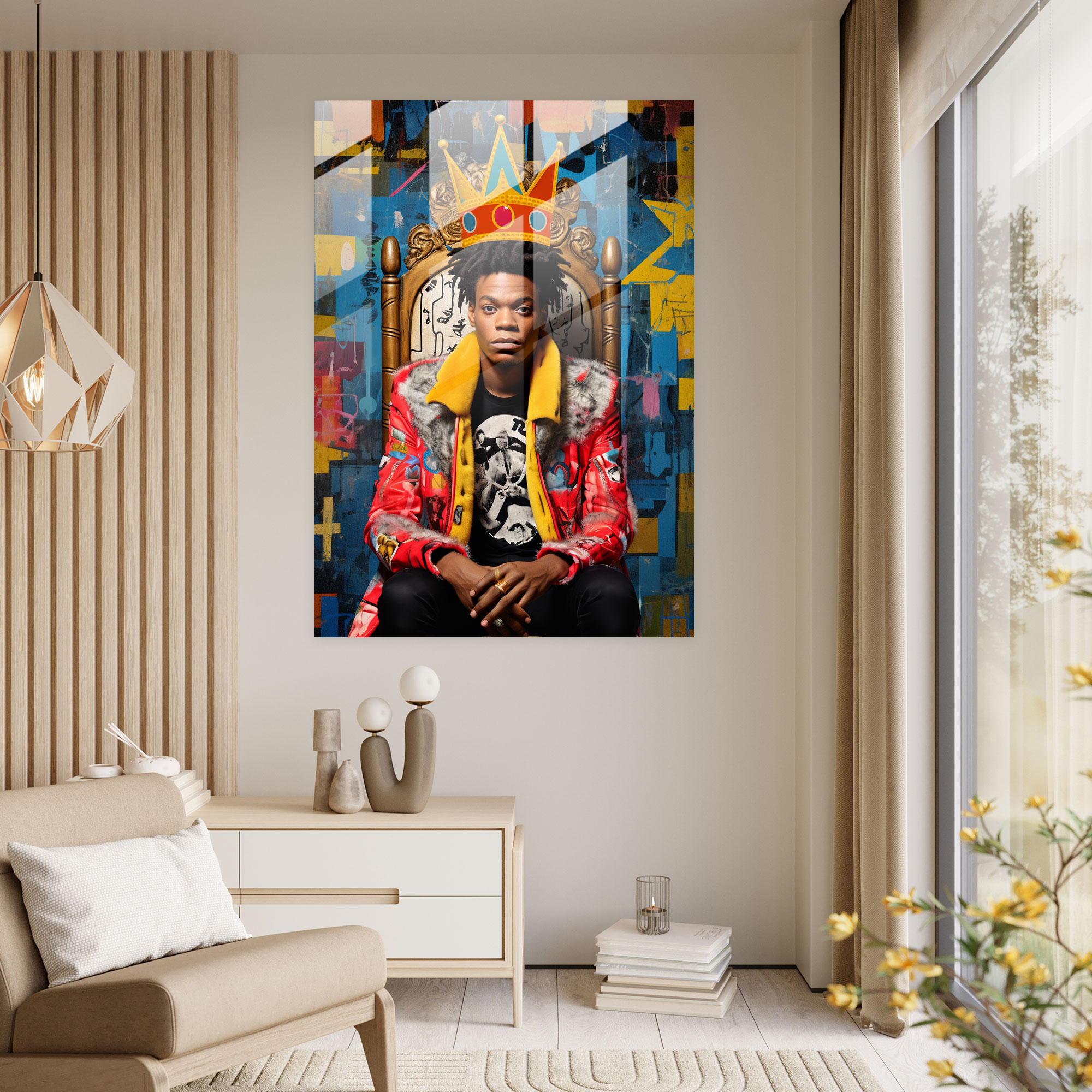 Basquiat Cam Tablo - Pop Art Portre - Ev Dekorasyonu Canlı Desenler Pop Art Esintili Tasarım