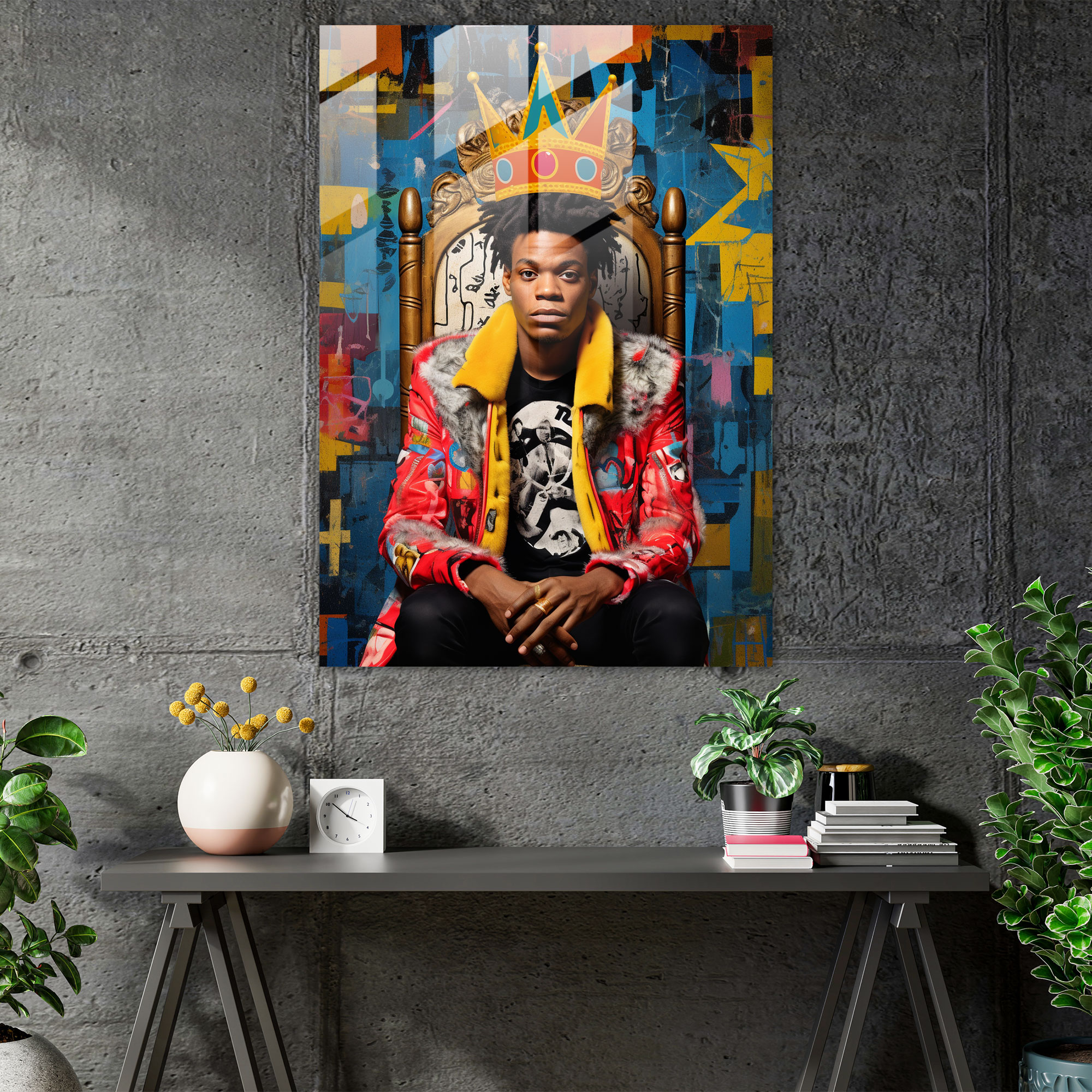 Basquiat Cam Tablo - Pop Art Portre - Ev Dekorasyonu Canlı Desenler Pop Art Esintili Tasarım