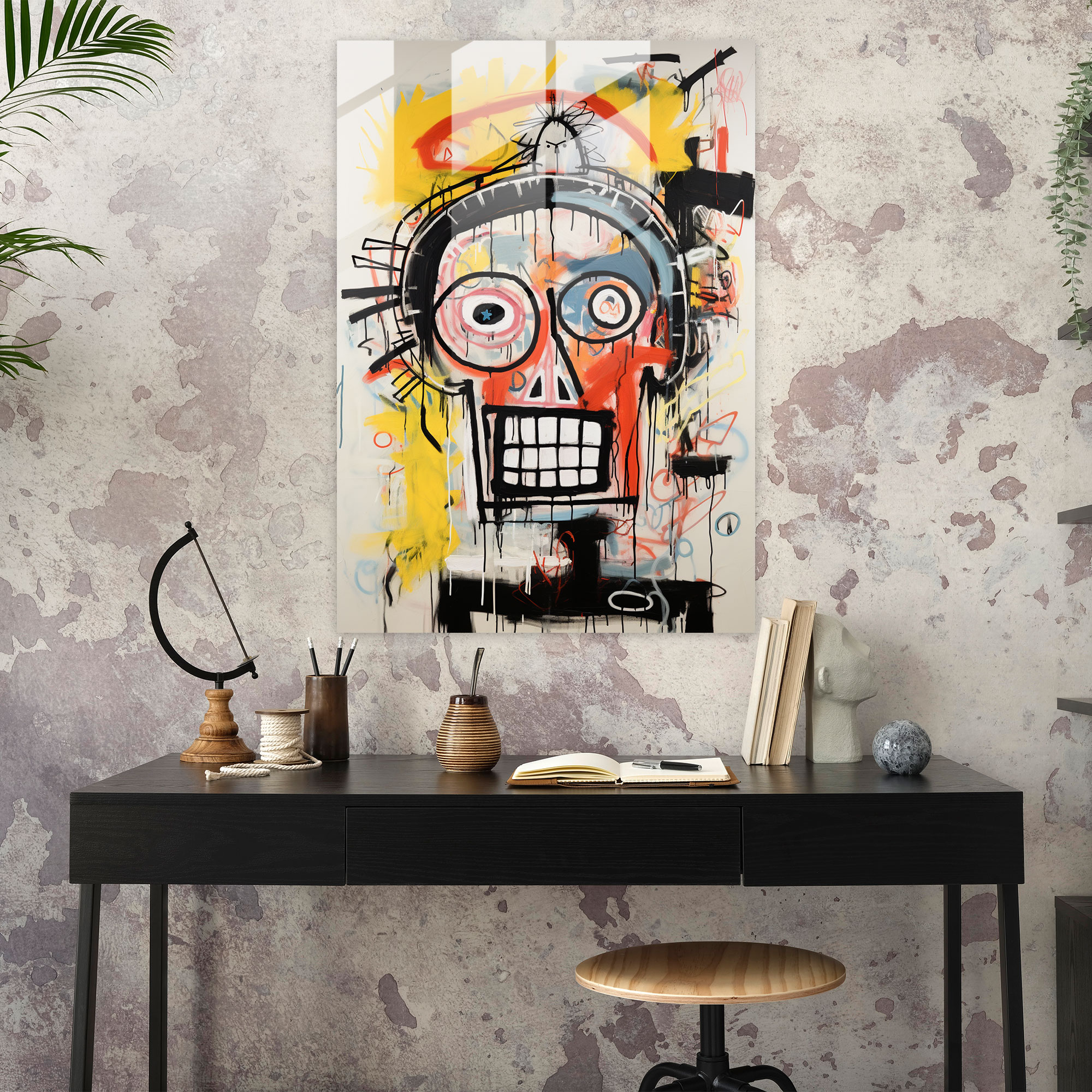 Basquiat Cam Tablosu - Neo-Ekspresyonist Füzyon - Basquiat Cam Duvar Sanatı Sembolizm Büyüleyici Füzyon