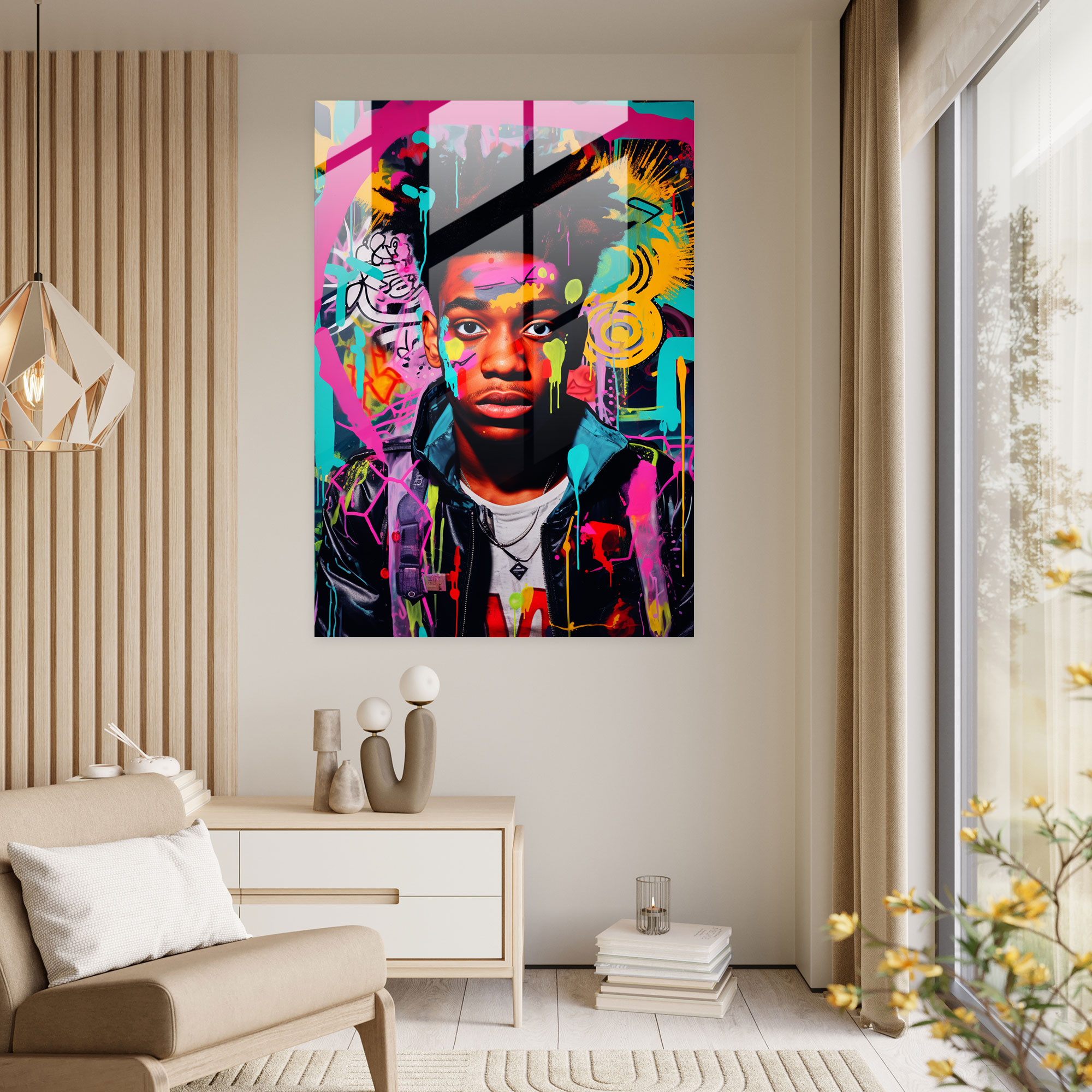 Basquiat Cam Tablo - Pop Sanat Portre Cam Duvar Sanatı - Basquiat Görsel Etki Canlı Ev Dekorasyonu