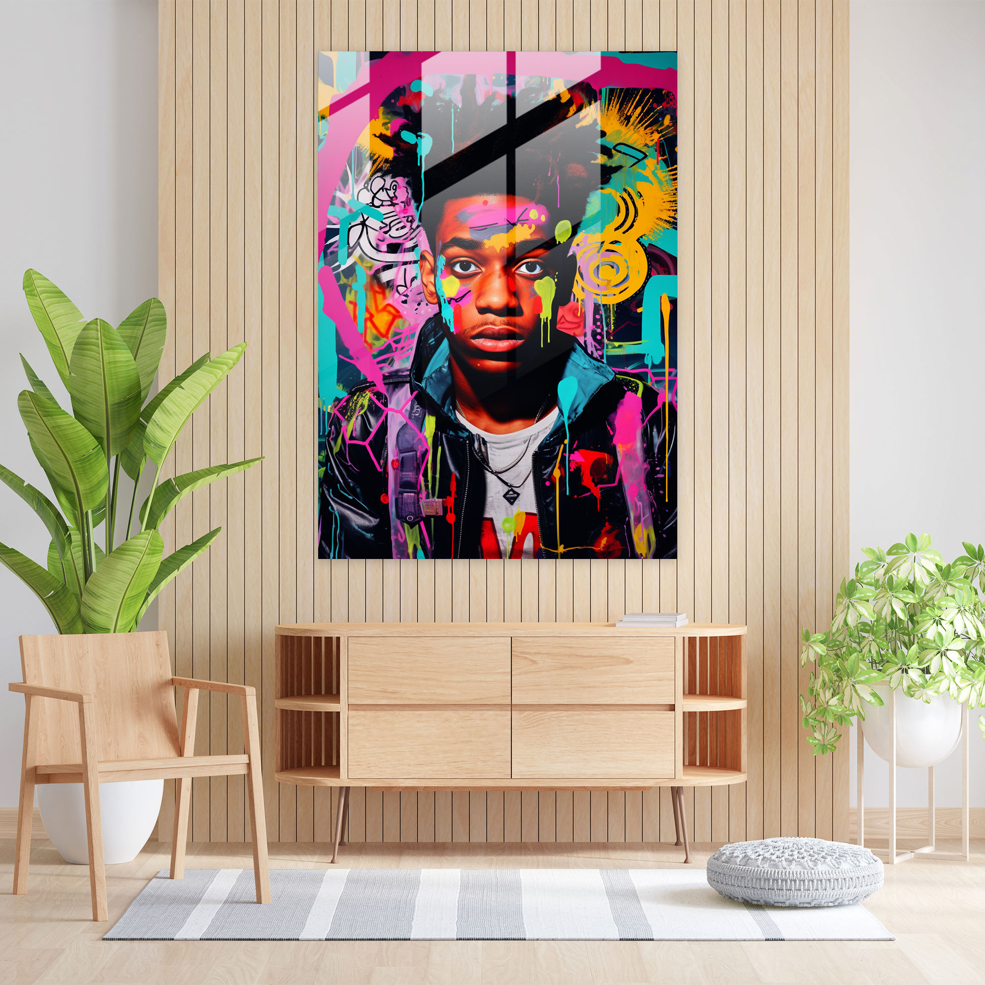 Basquiat Cam Tablo - Pop Sanat Portre Cam Duvar Sanatı - Basquiat Görsel Etki Canlı Ev Dekorasyonu