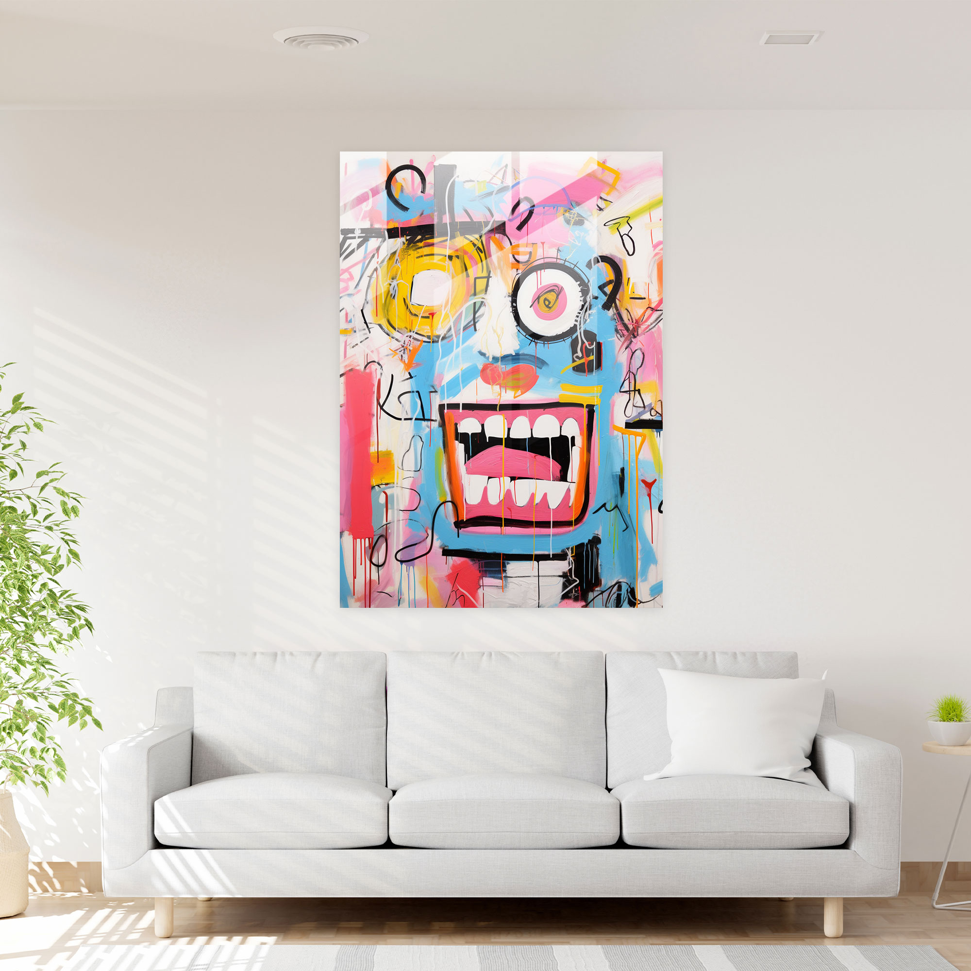 Basquiat Cam Tablosu - Soyut Dışavurumcu Tablo - Duvar Dekorasyonu Cam Duvar Sanatı