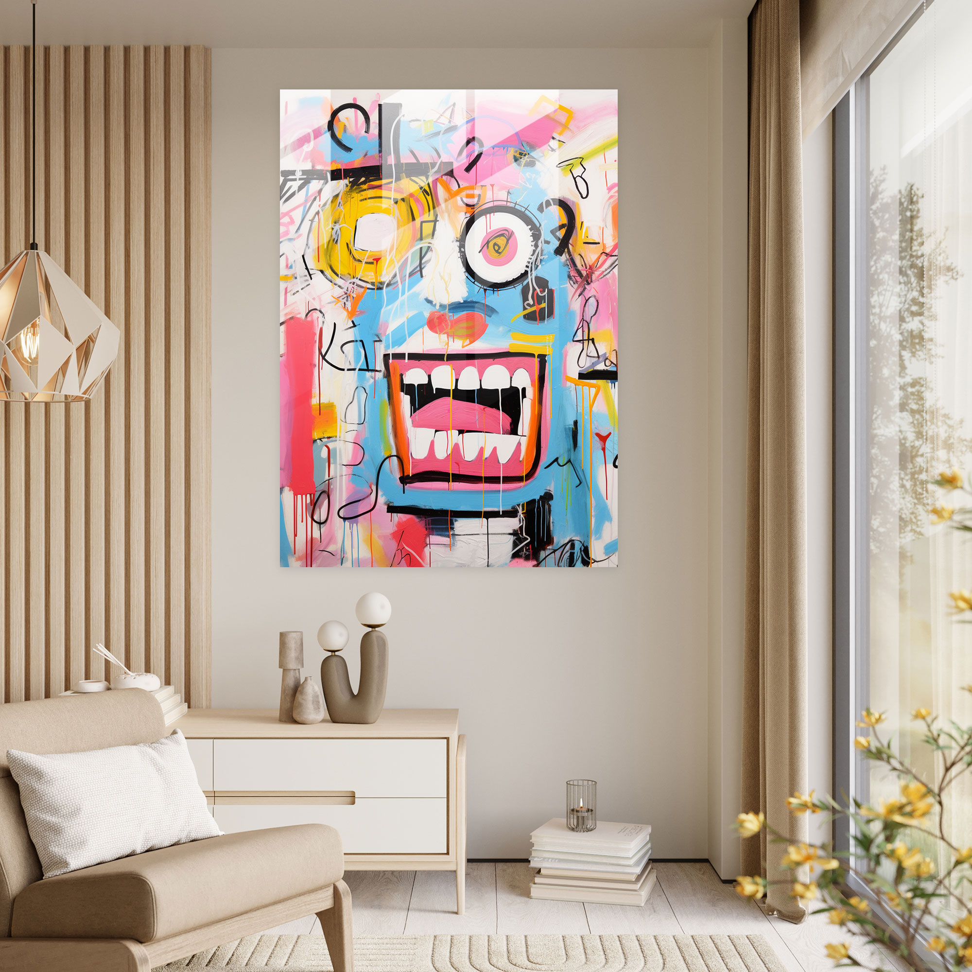 Basquiat Cam Tablosu - Soyut Dışavurumcu Tablo - Duvar Dekorasyonu Cam Duvar Sanatı